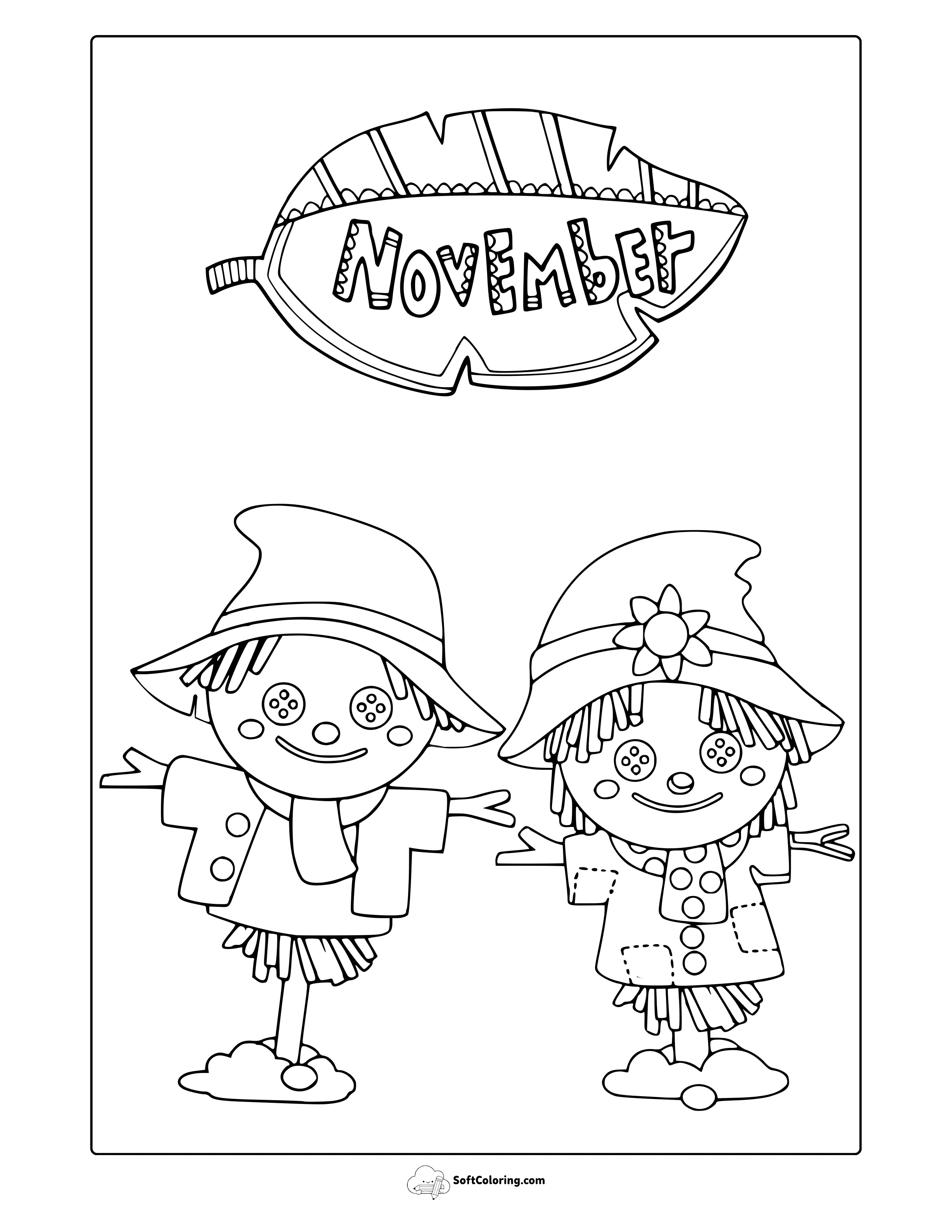 November Scarecrows Coloring Page
