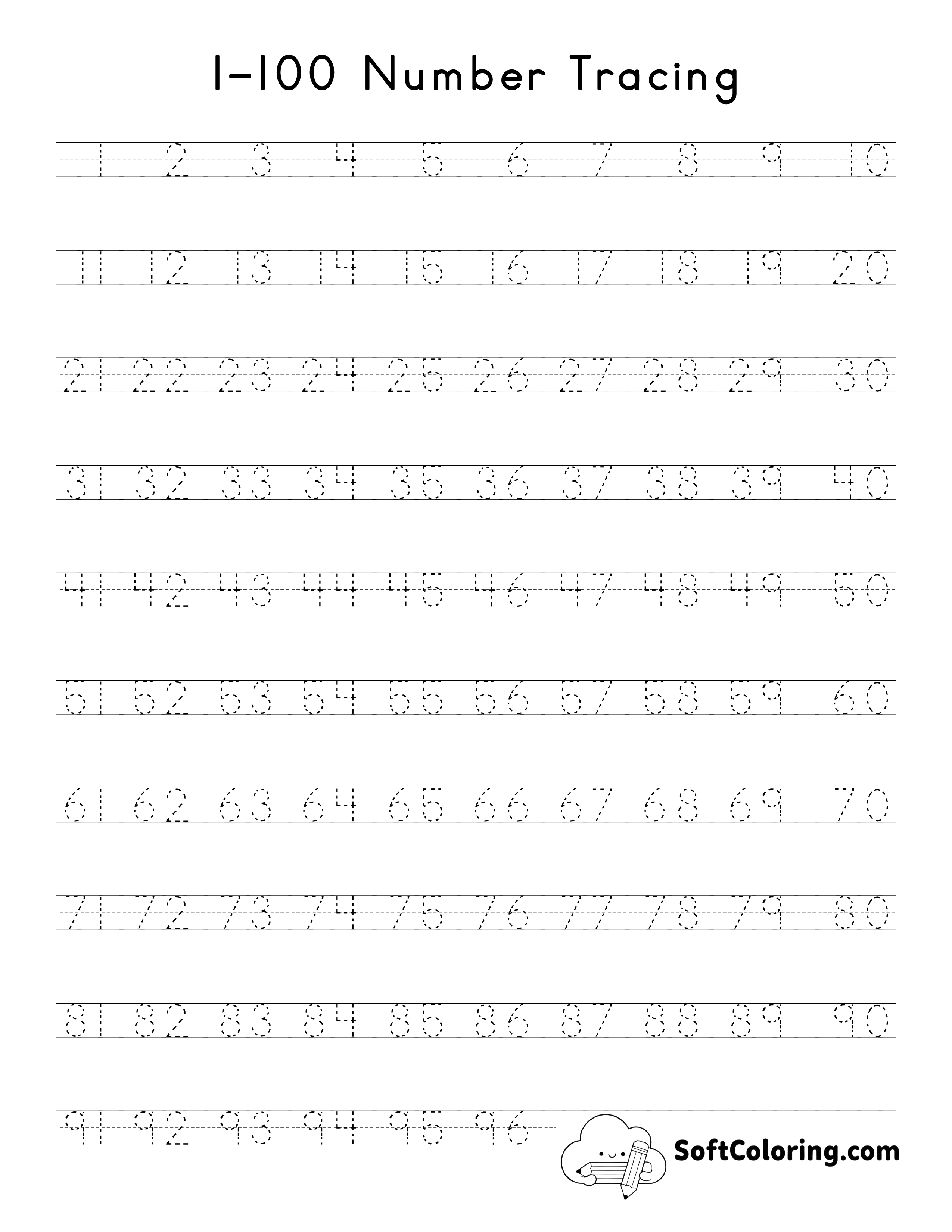 Number Tracing Worksheet 1-100