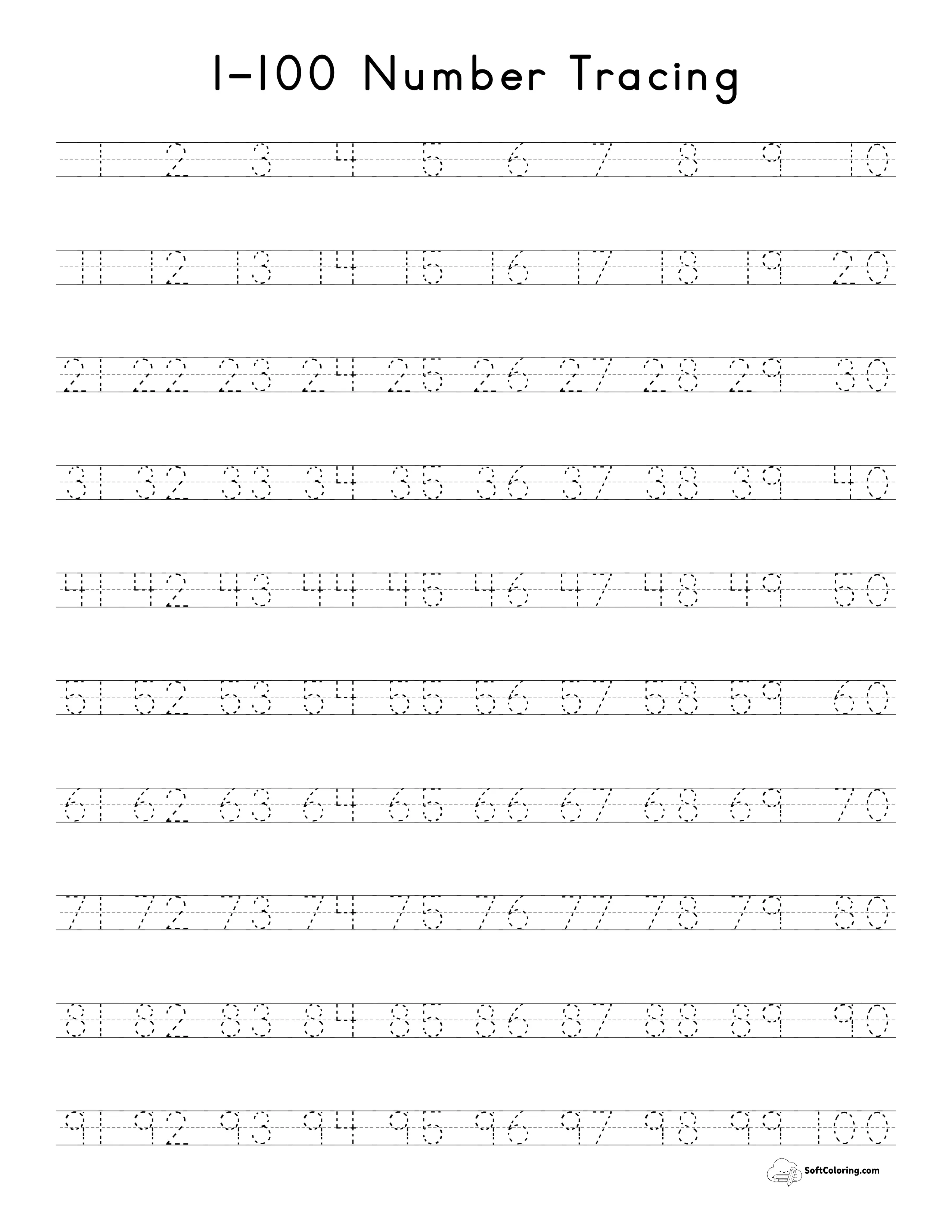 Number Tracing Worksheet 1-100