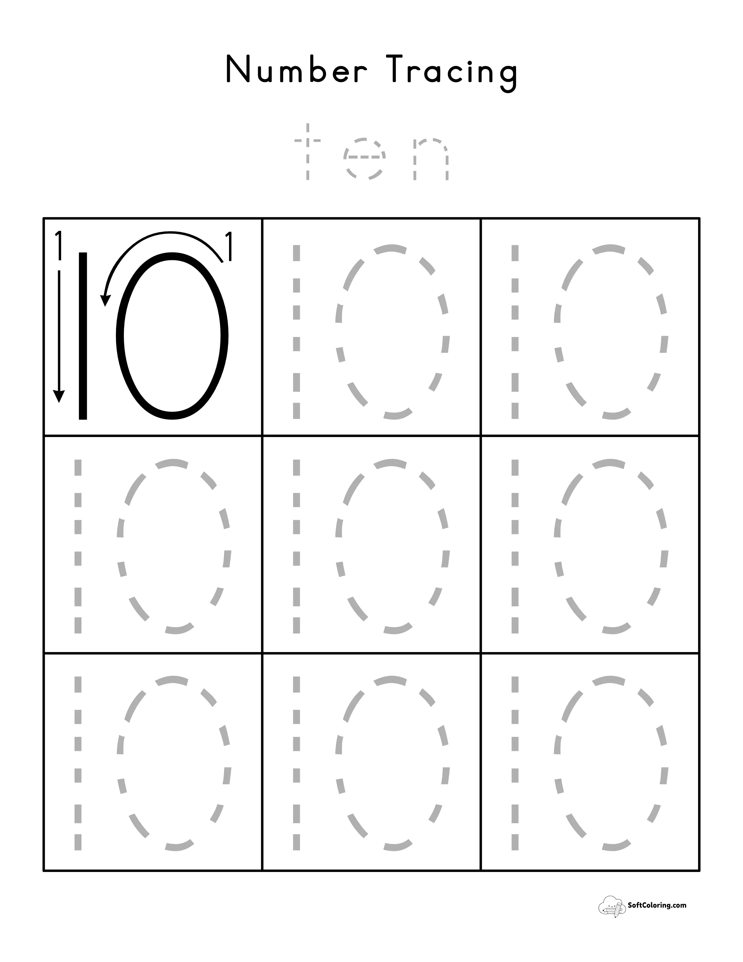 Number 10 Tracing Worksheet