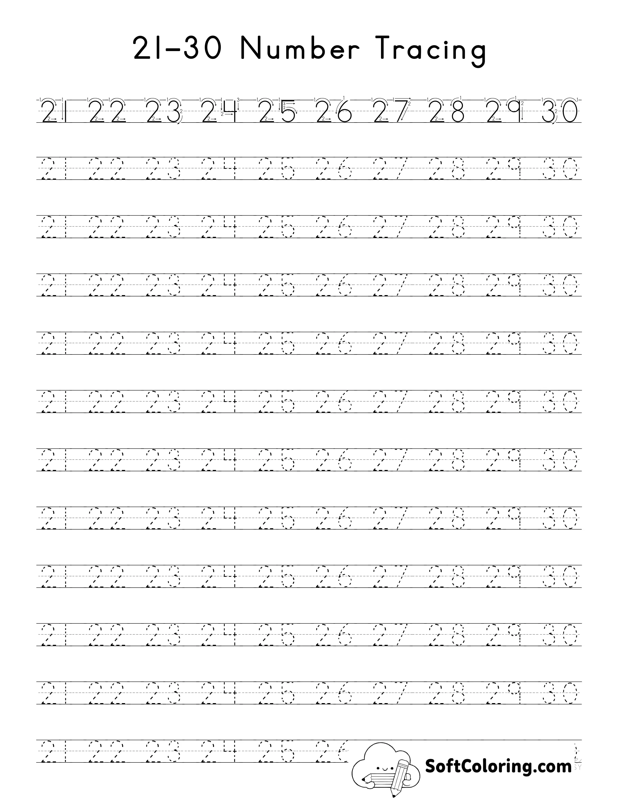 Number Tracing Worksheet 21-30