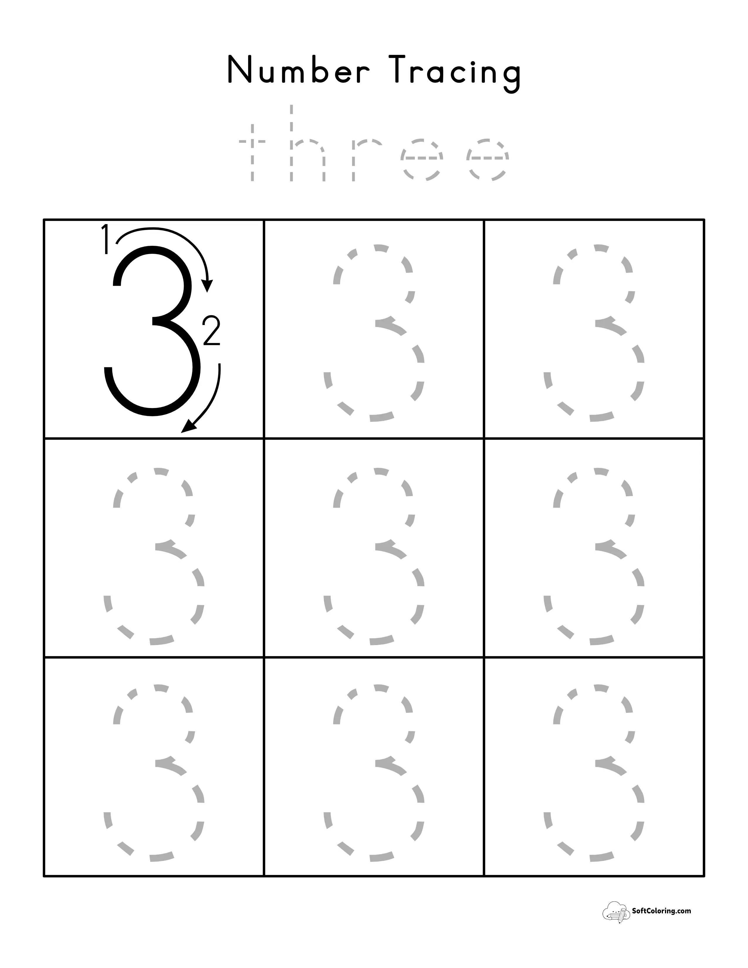 Number 3 Tracing Worksheet