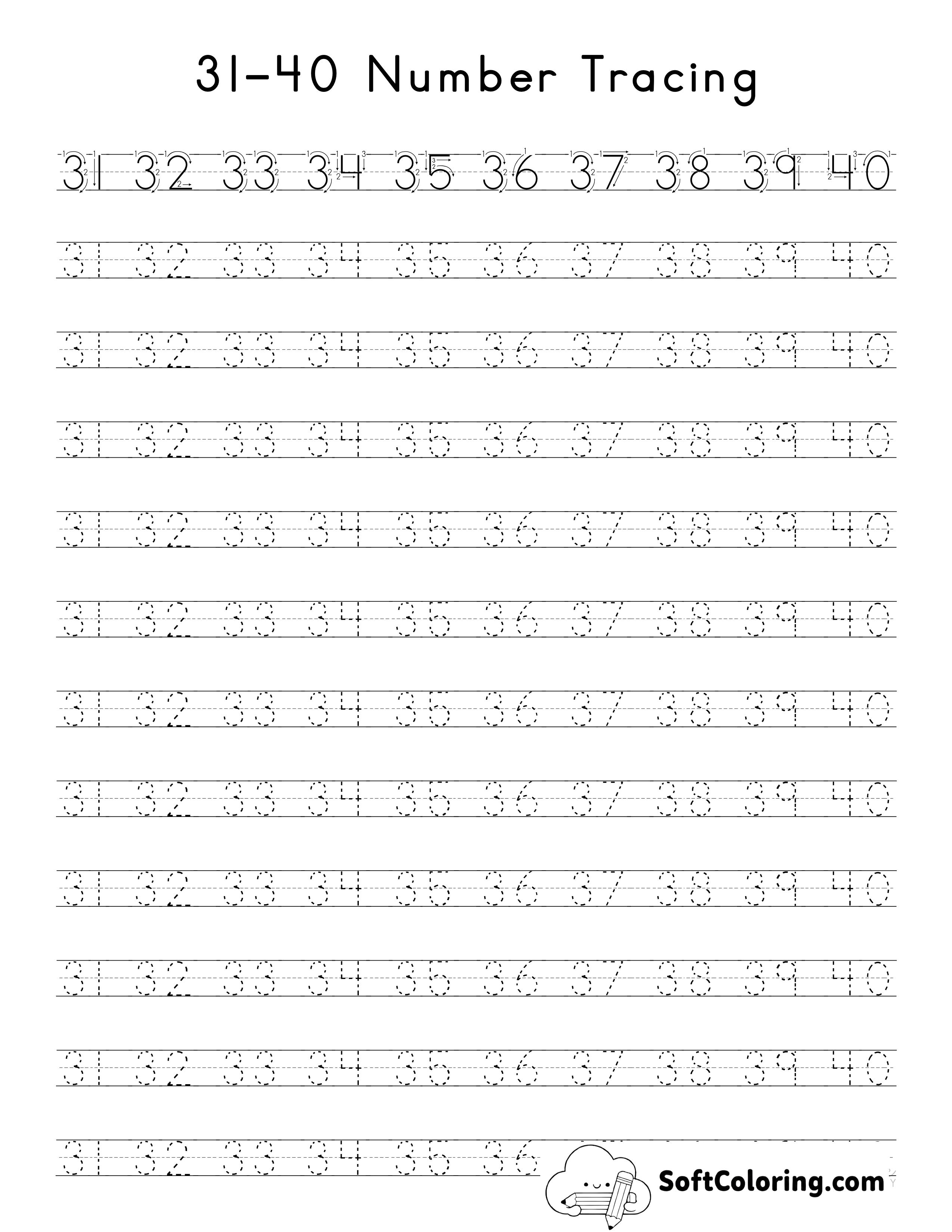Number Tracing Worksheet 31-40