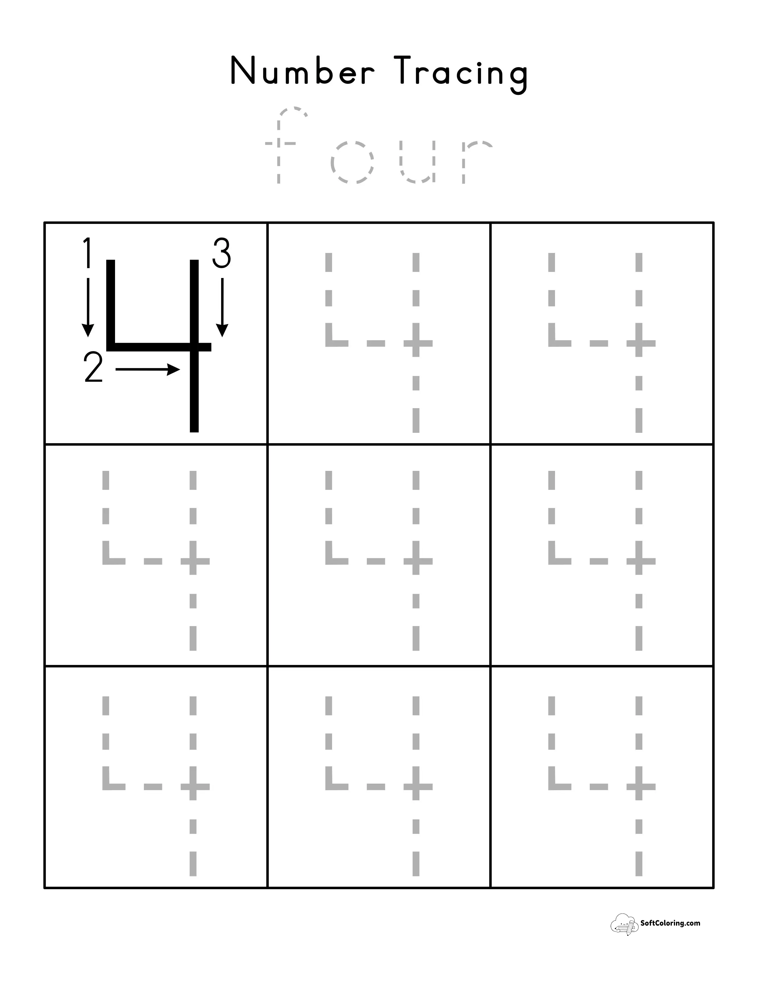 Number 4 Tracing Worksheet
