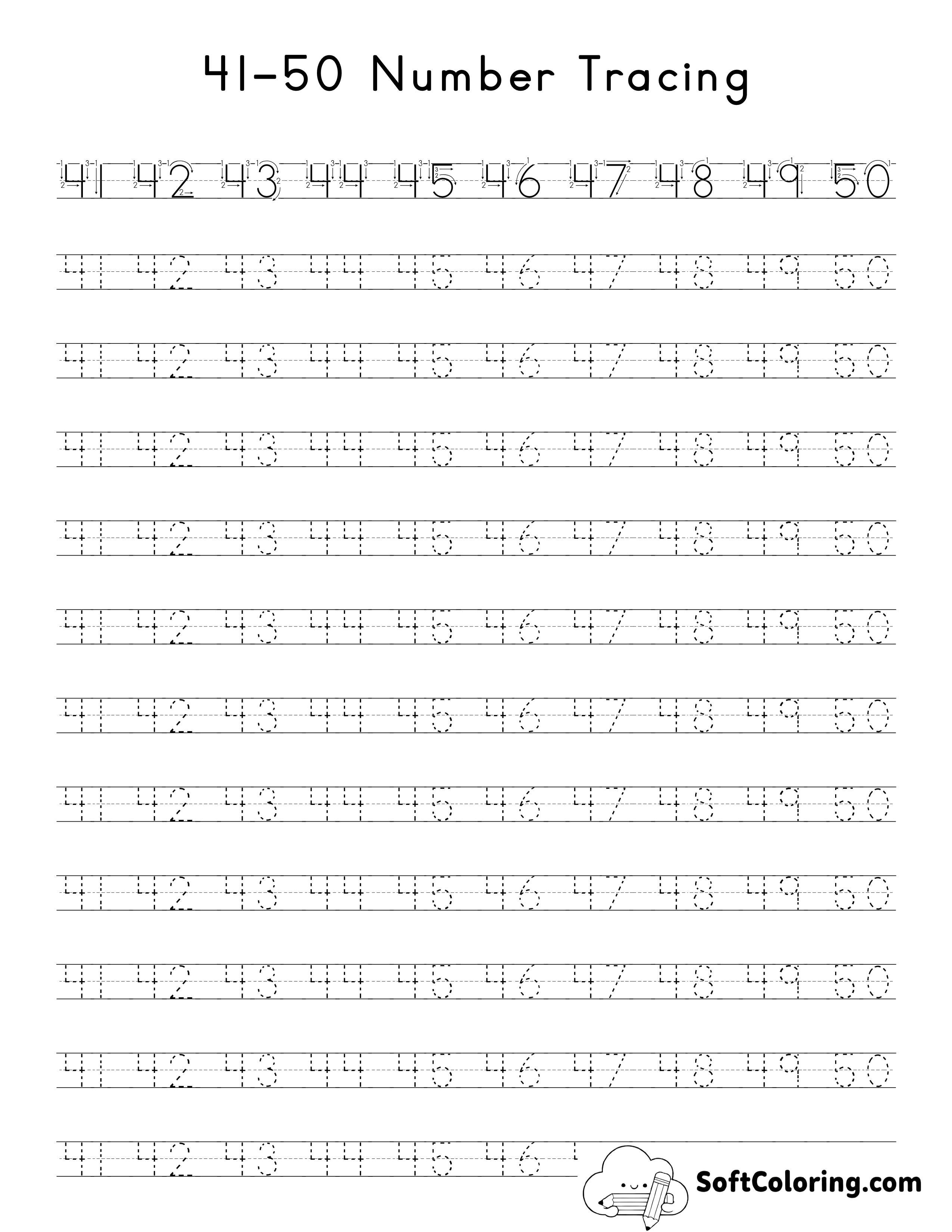 Number Tracing Worksheet 41-50