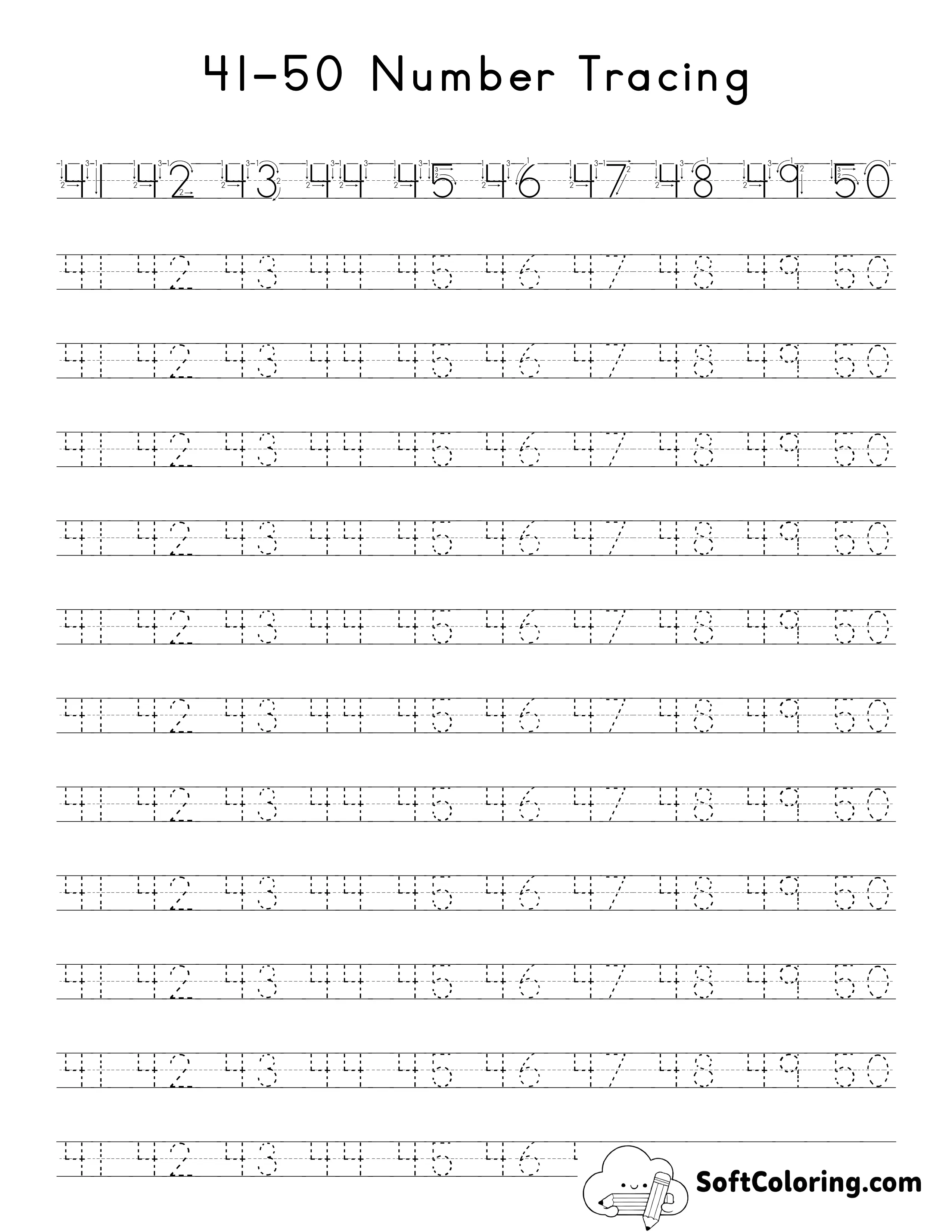 Number Tracing Worksheet 41-50