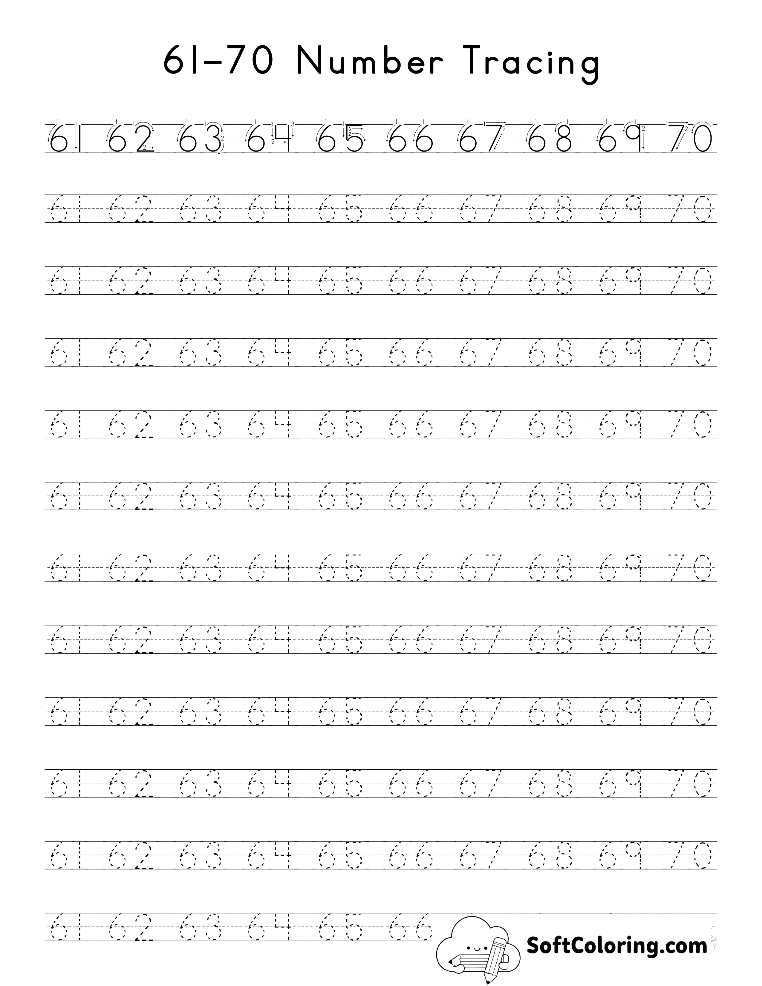 Number Tracing Worksheet 61-70