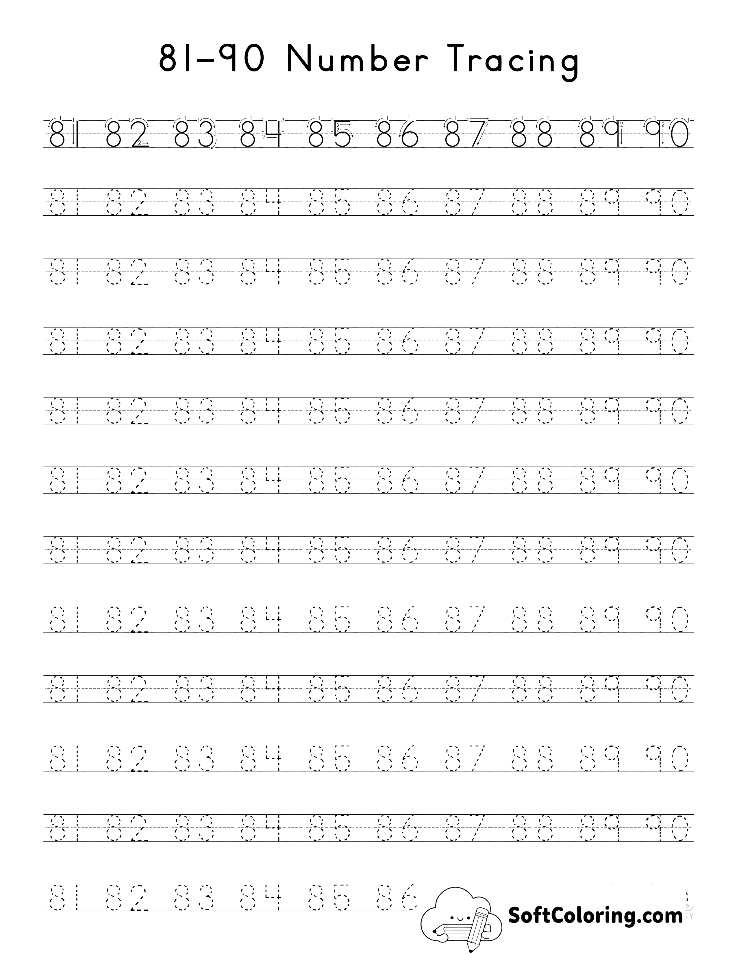 Number Tracing Worksheet 81-90