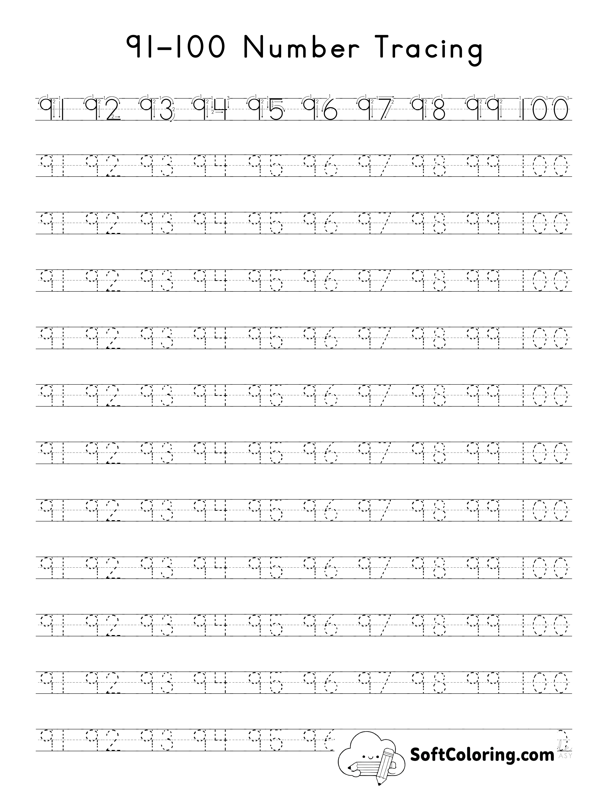 Number Tracing Worksheet 91-100