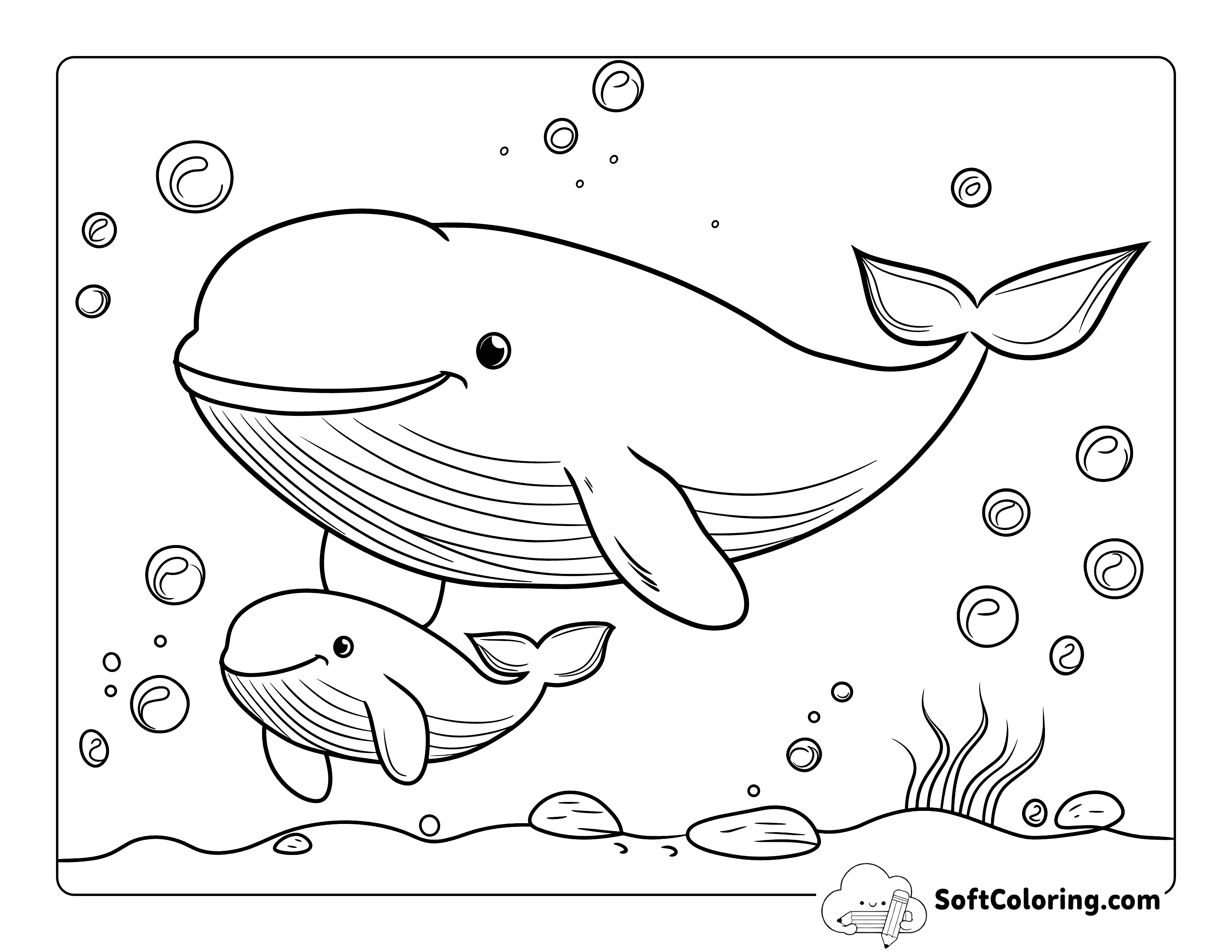 Cute Whales Printable Ocean Coloring Page for Kids