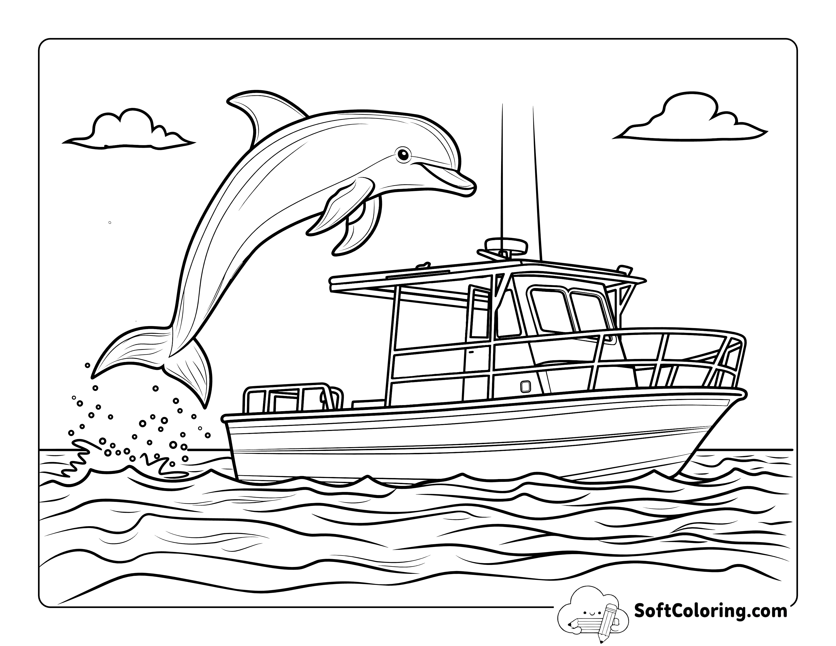 Dolphin and Boat Marine Life Coloring Page