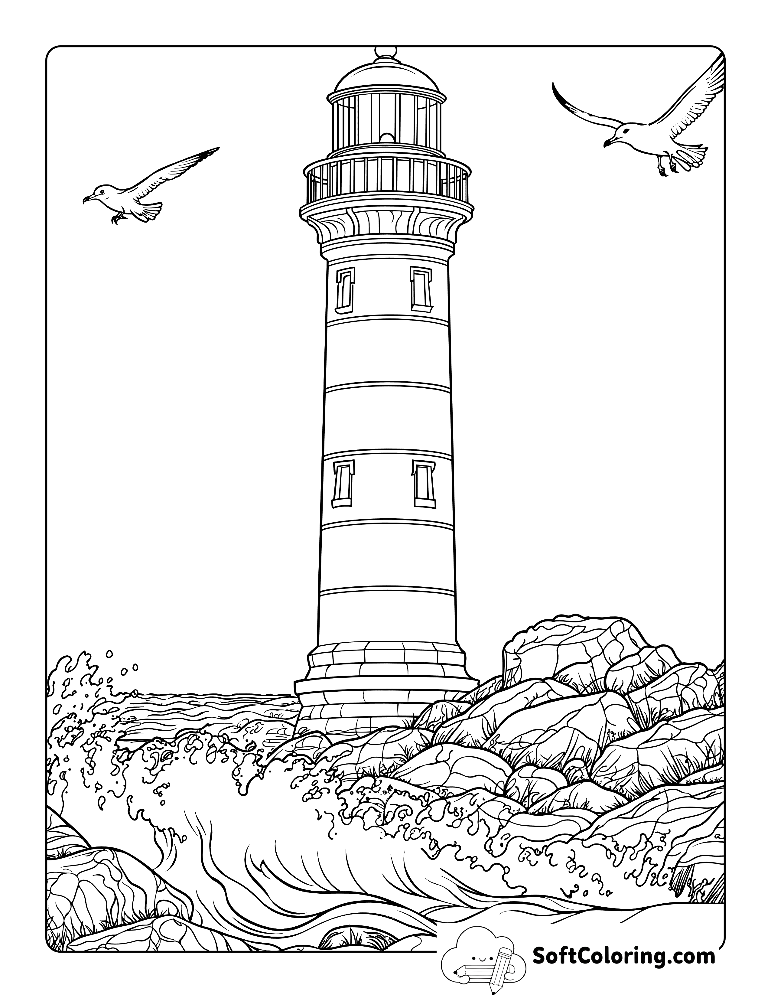Realistic Lighthouse Ocean Coloring Sheet