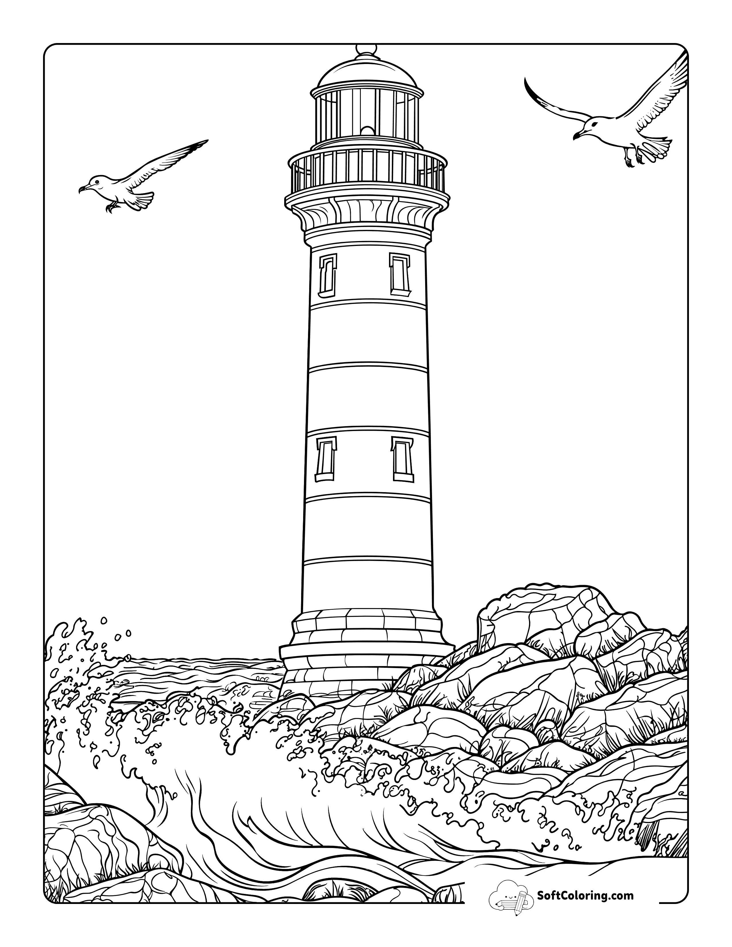 Realistic Lighthouse Ocean Coloring Sheet