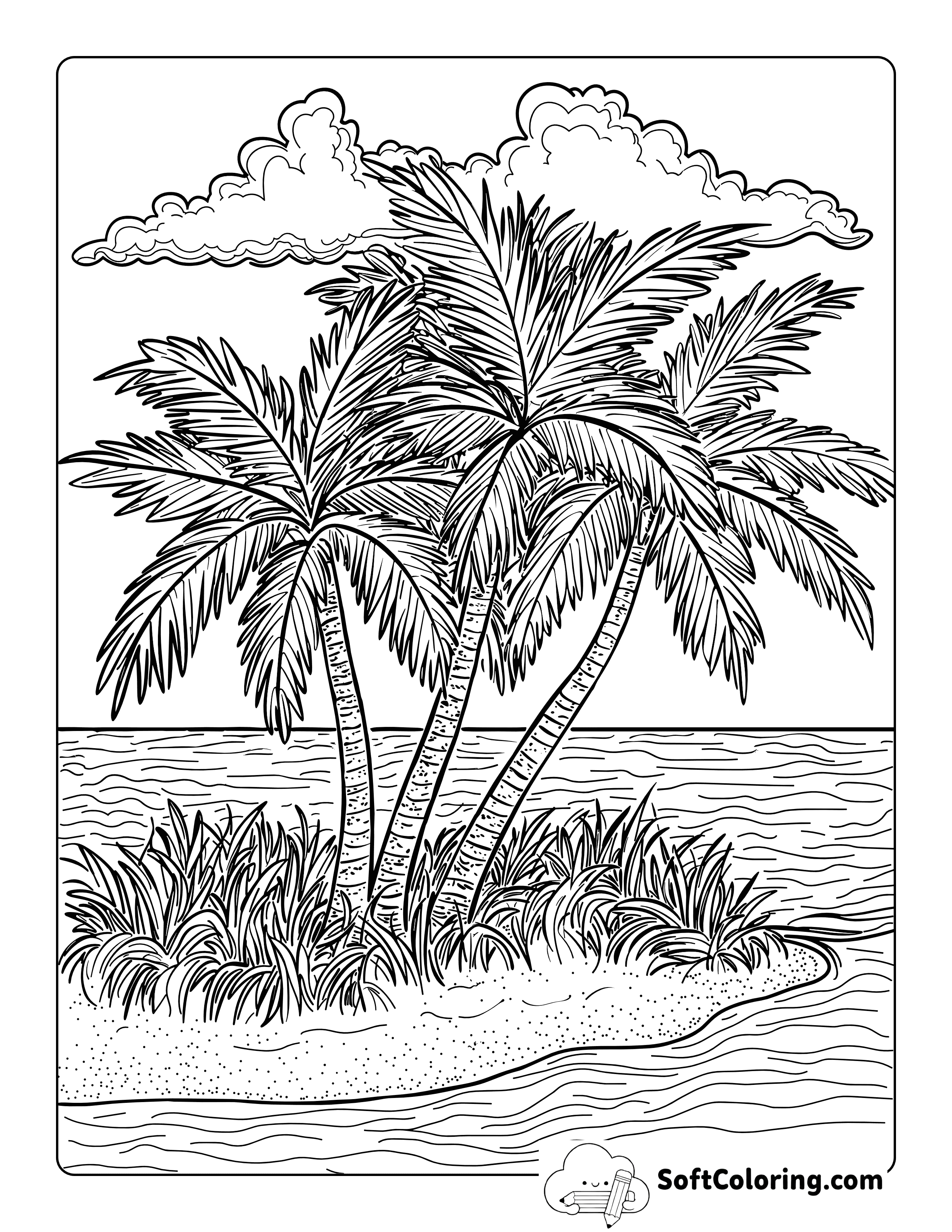 Realistic Tropical Island Coloring Page for Adults