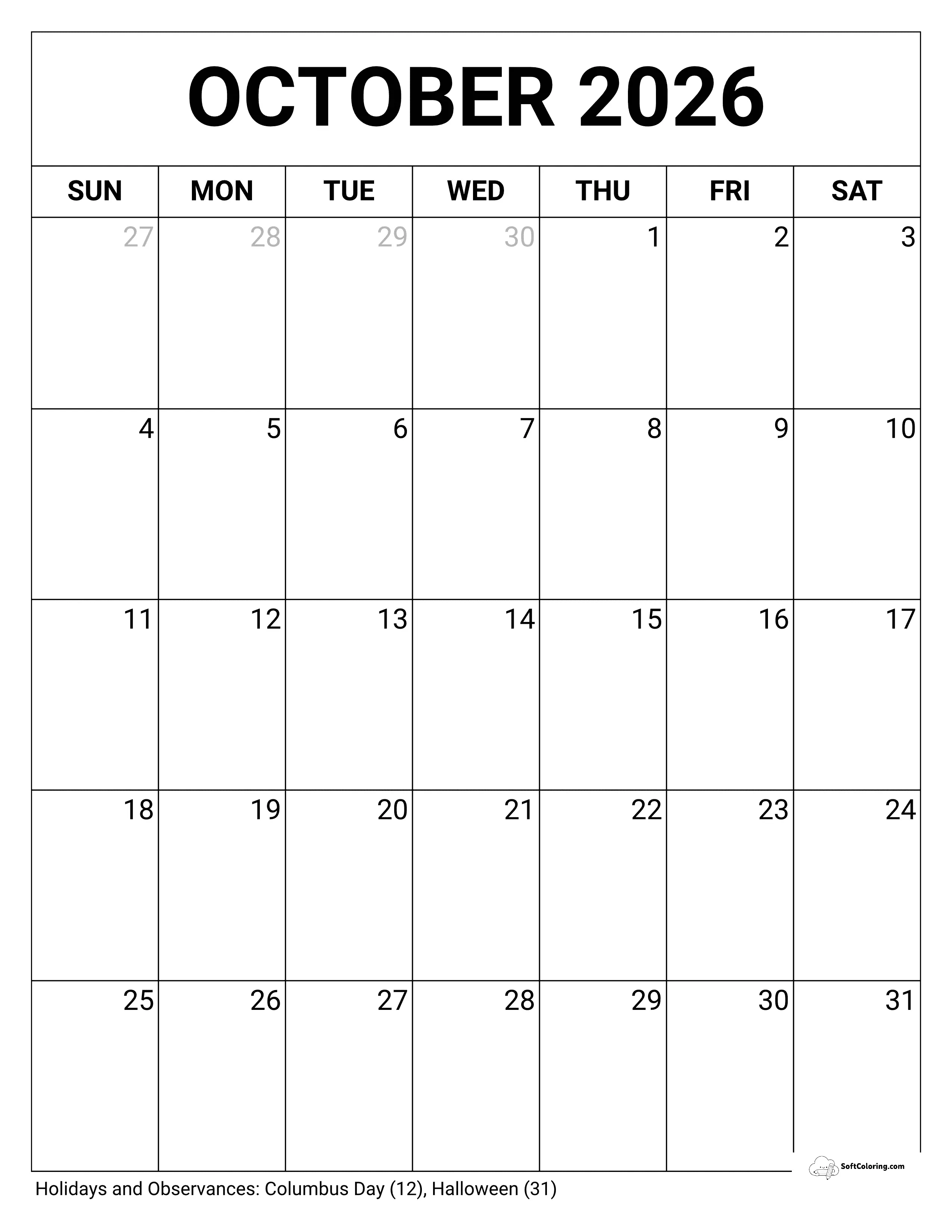 Blank Portrait October 2026 Calendar