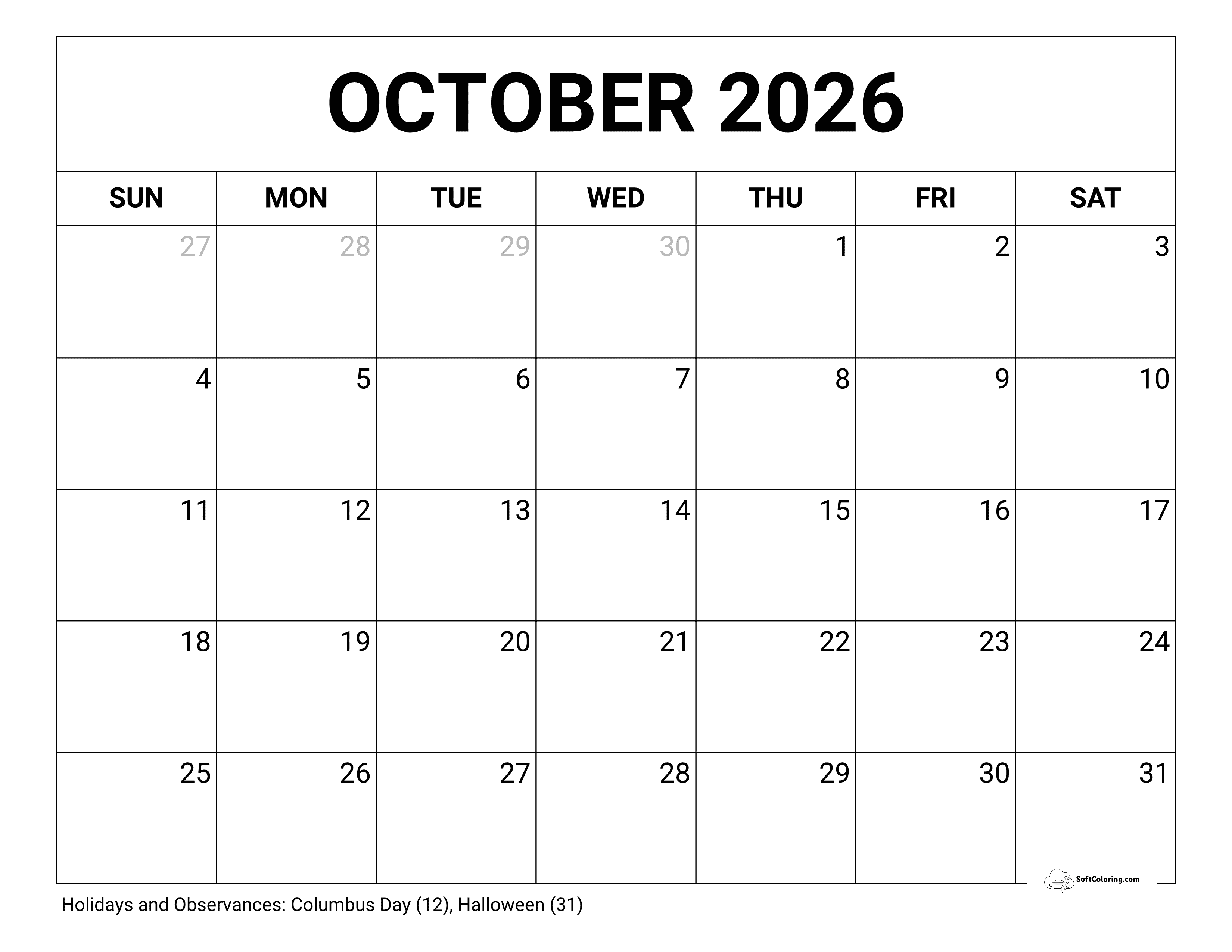 Blank October 2026 Calendar