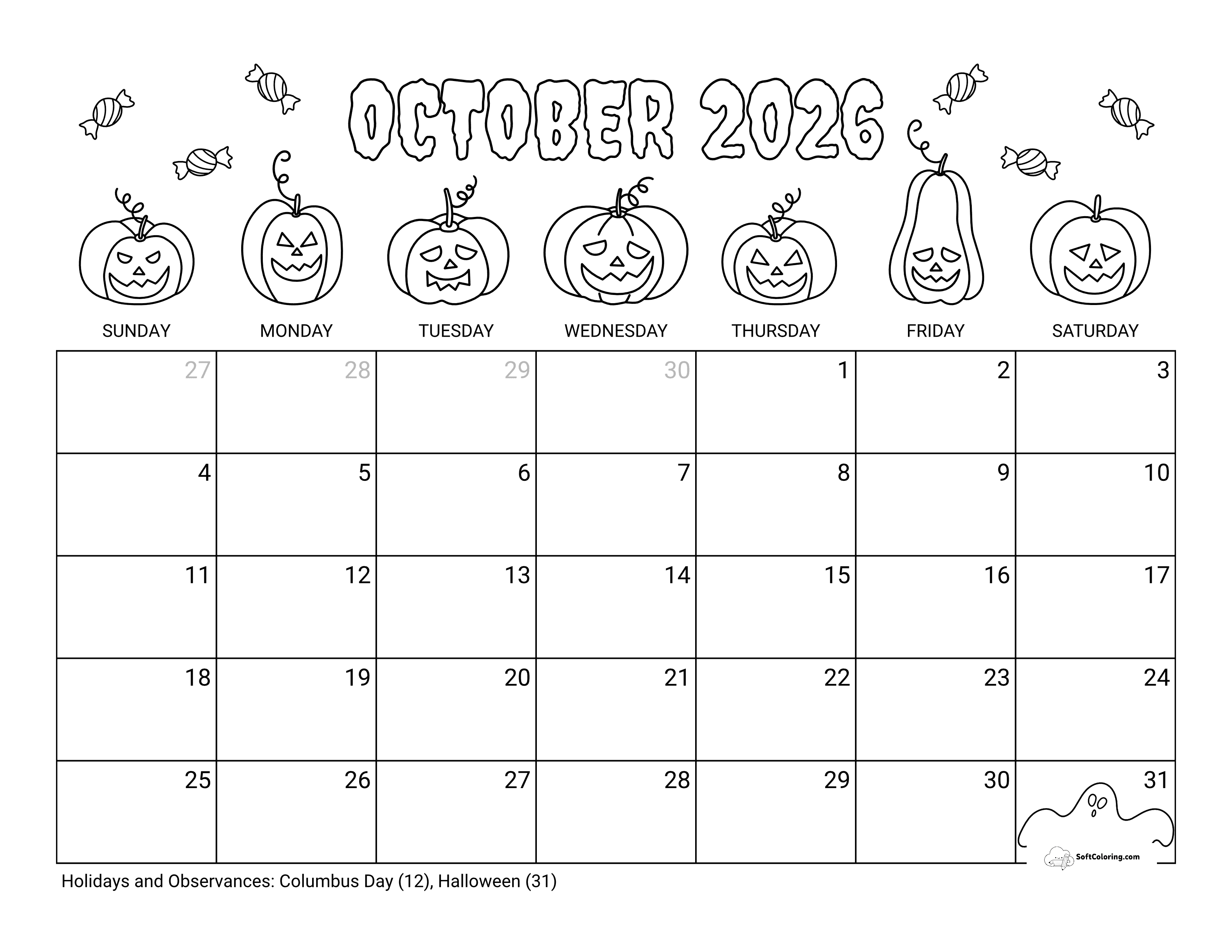 Coloring October 2026 Calendar