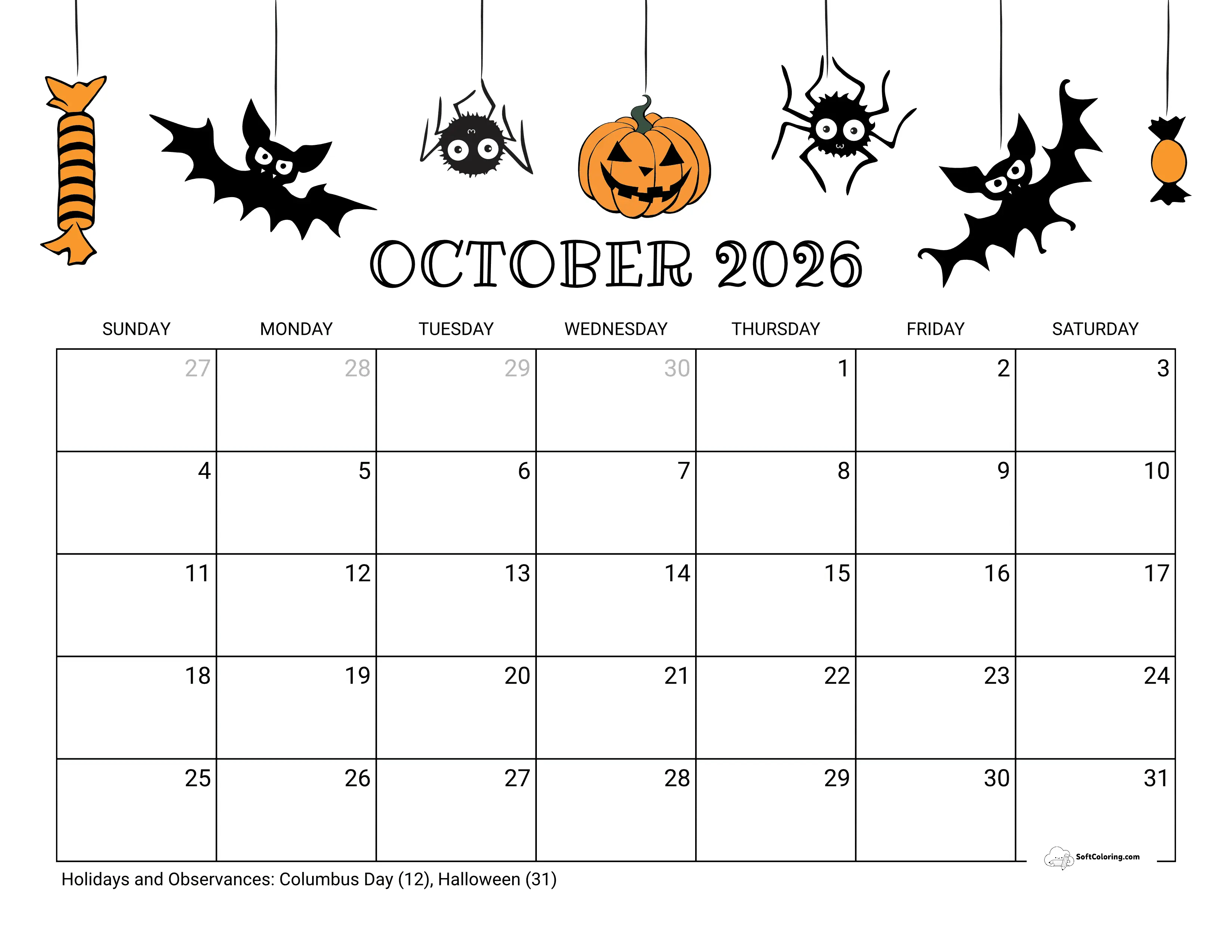Halloween October 2026 Calendar