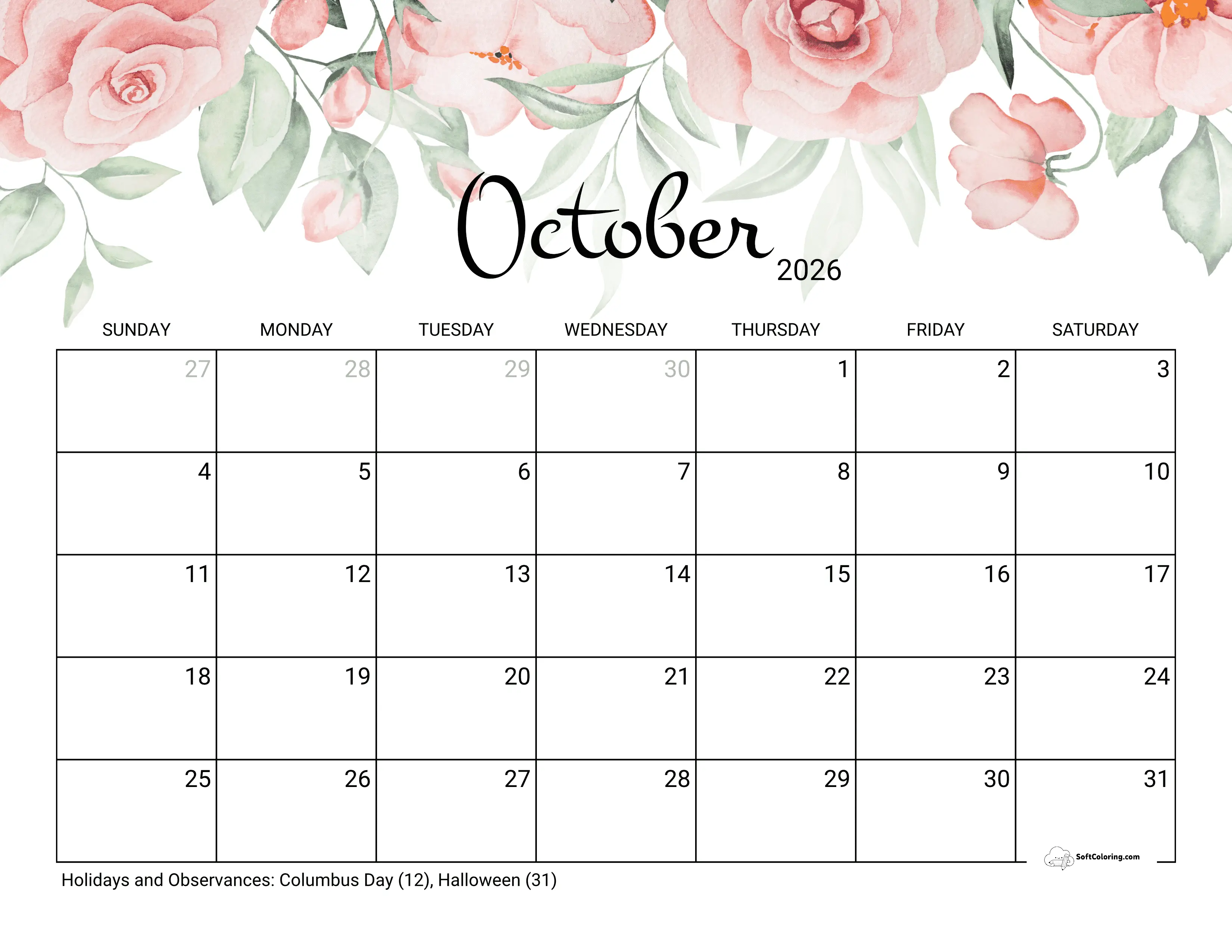 Roses October 2026 Calendar