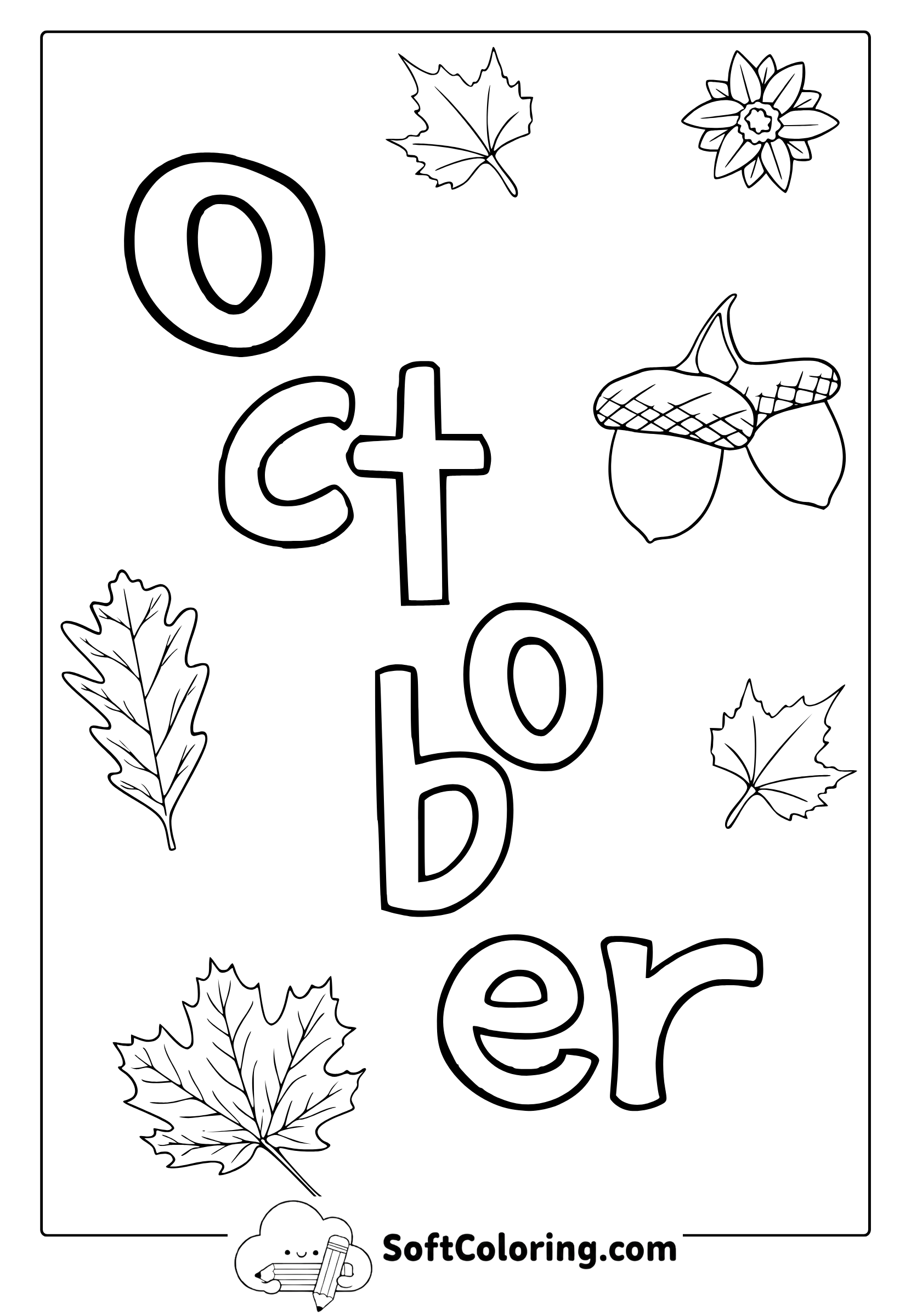 october leaves and acorns coloring page
