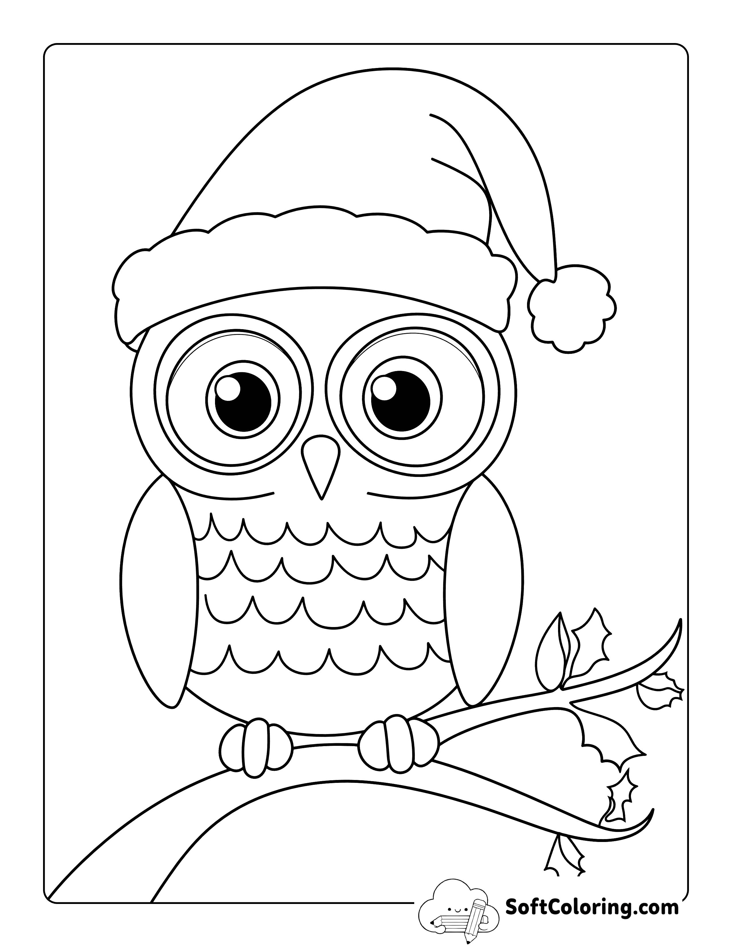 Easy Owl in Holiday Hat Coloring Page