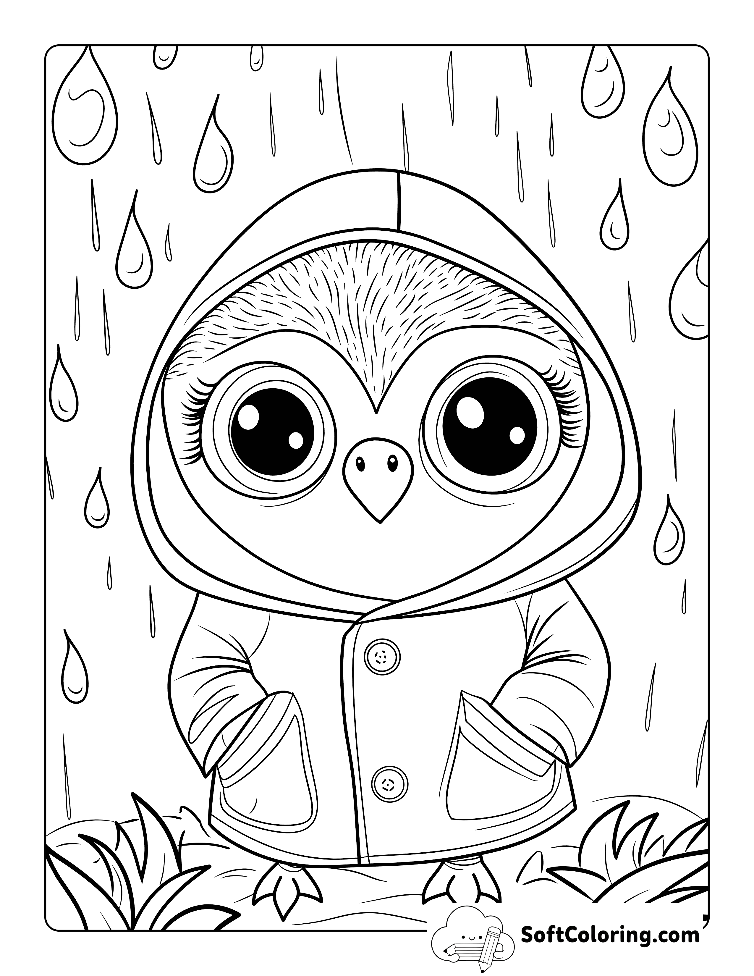 Cute Owl in the Rain Coloring Sheet