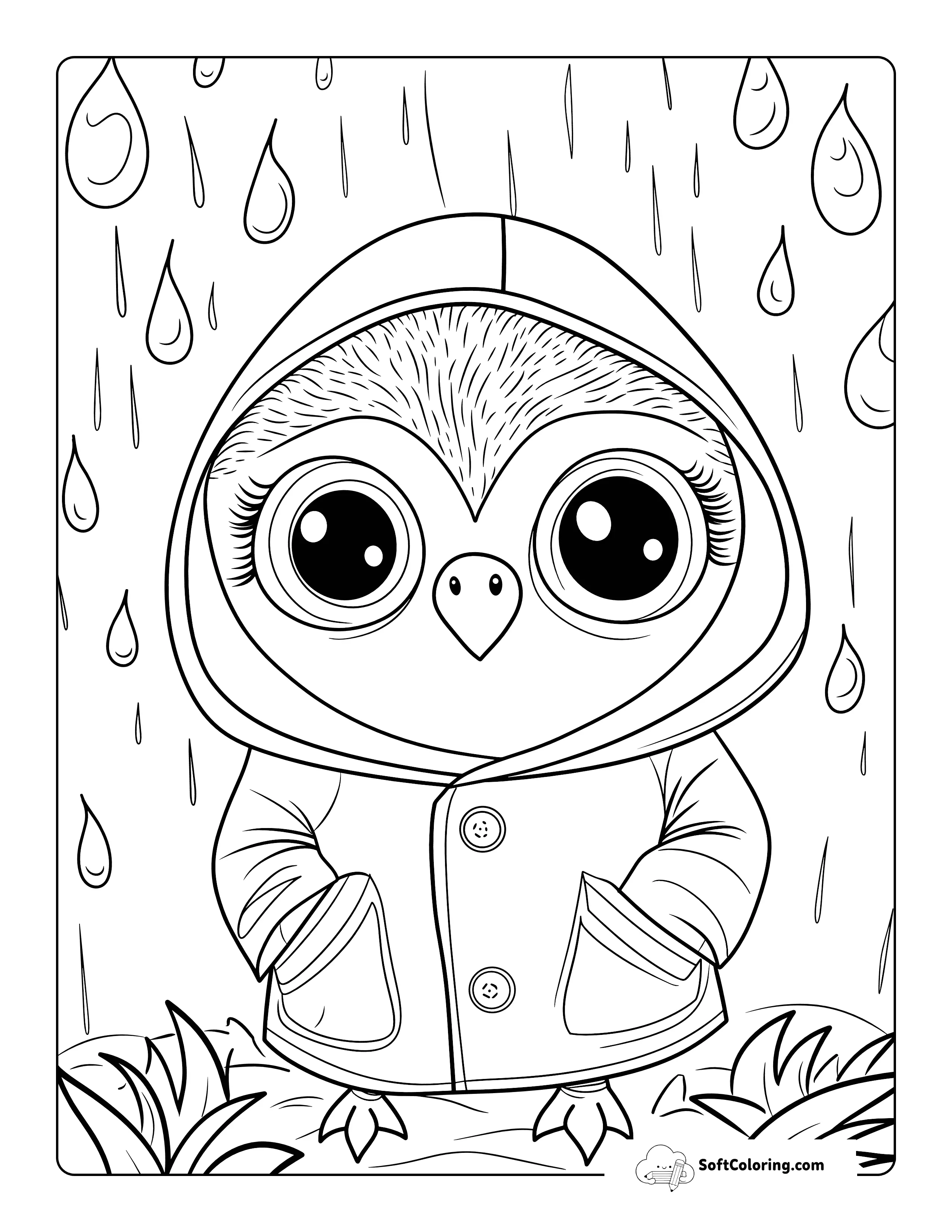 Cute Owl In The Rain Coloring Sheet