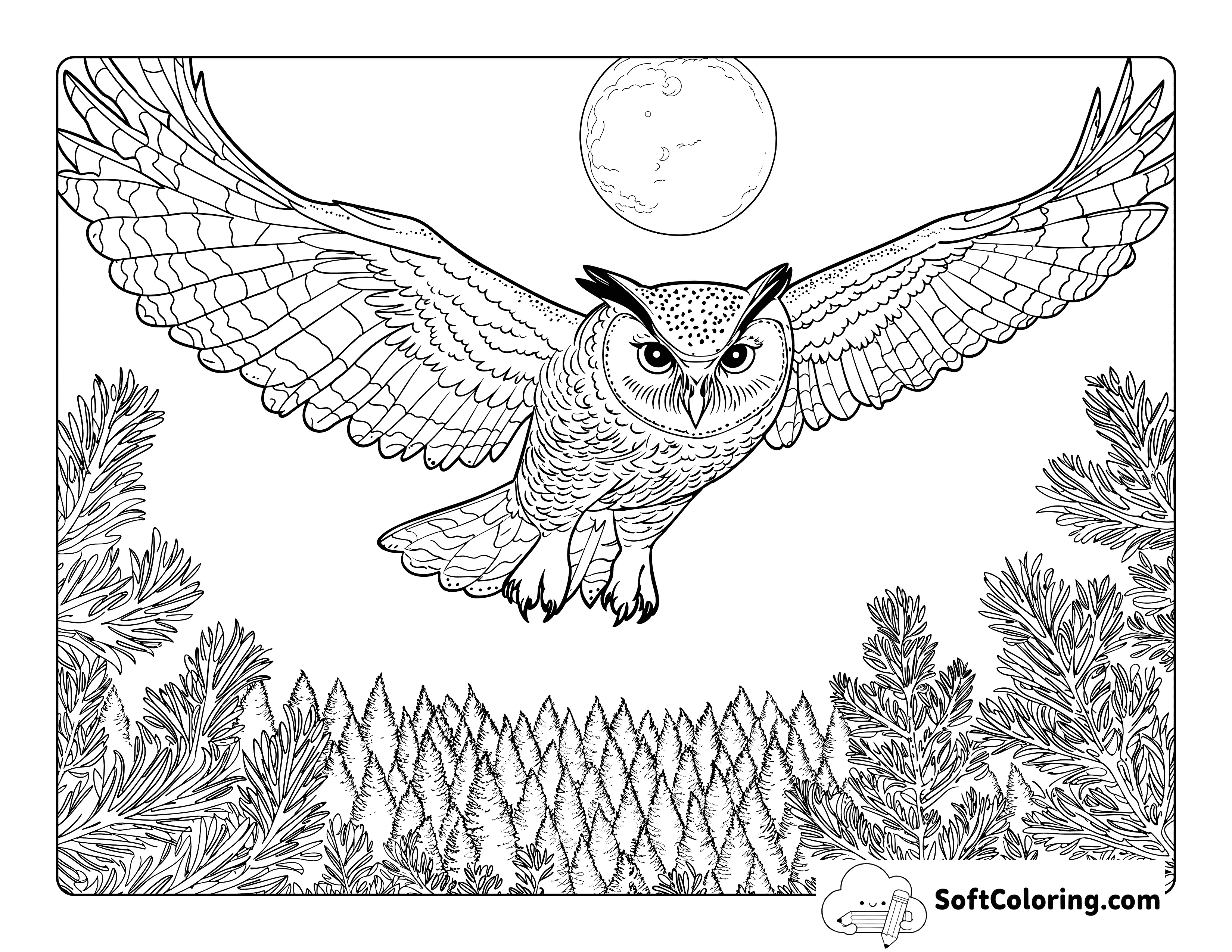 Realistic Flying Owl Over Moonlit Landscape Coloring Sheet