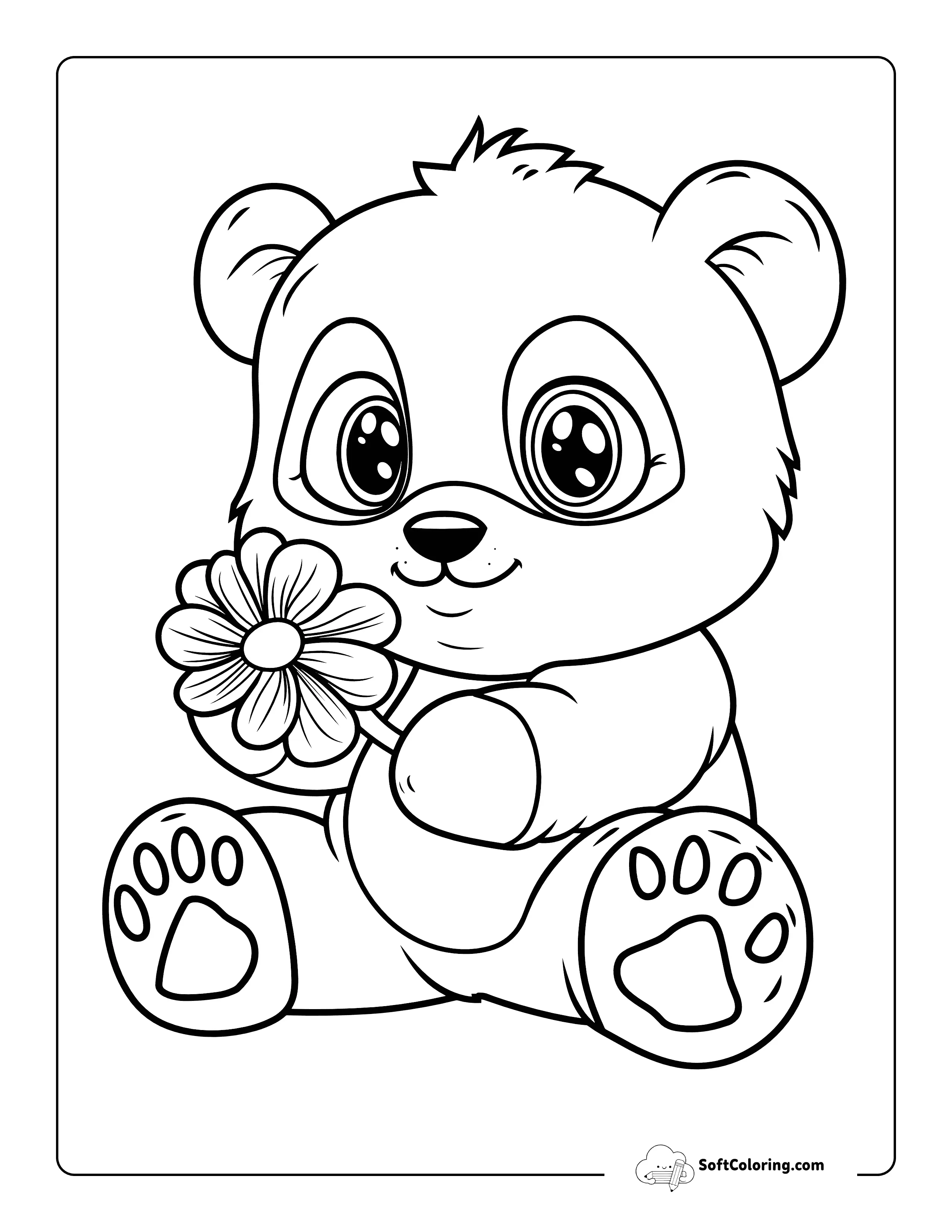 Cute Panda With A Flower Coloring Page For Kids