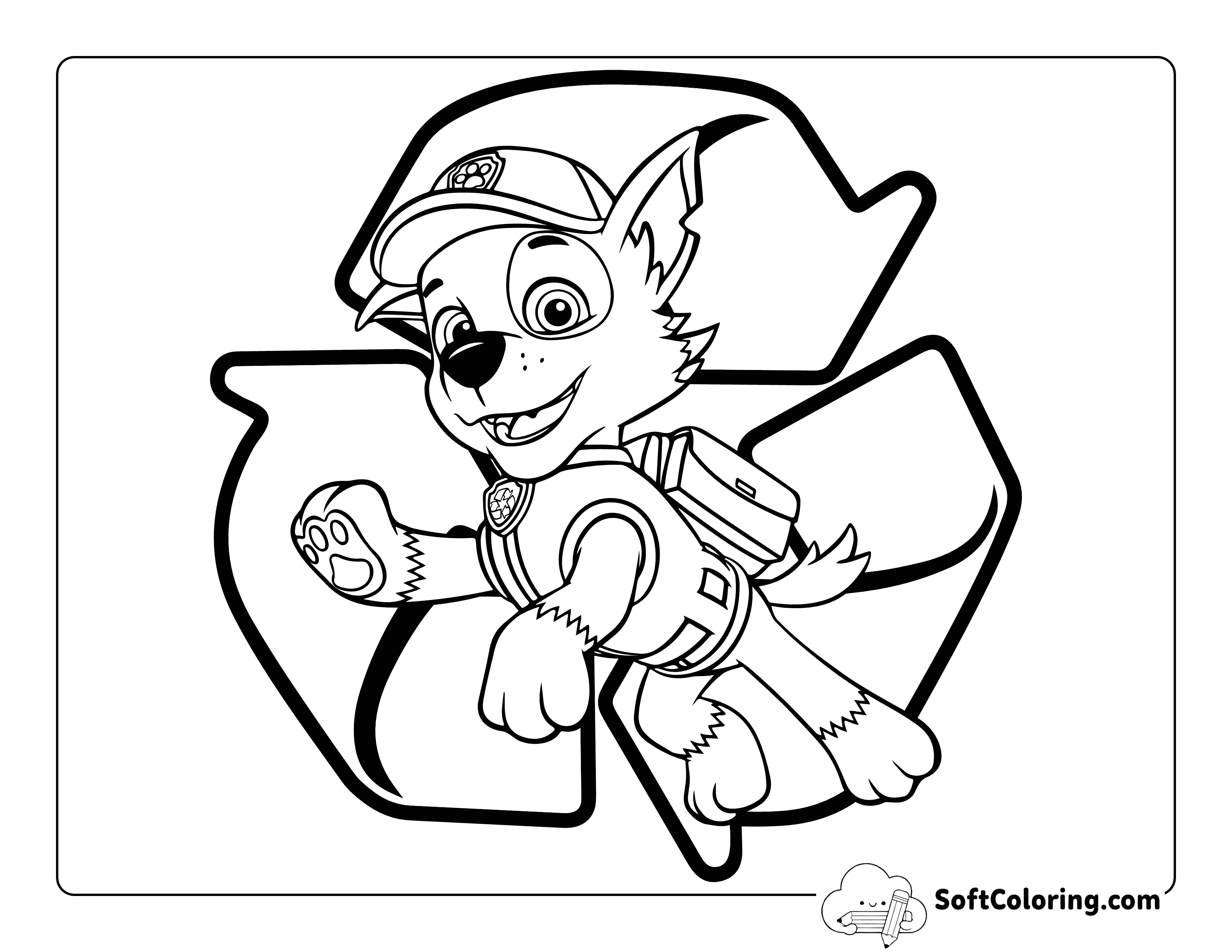 Rocky with Recycling Symbol Paw Patrol-Inspired Coloring Sheet