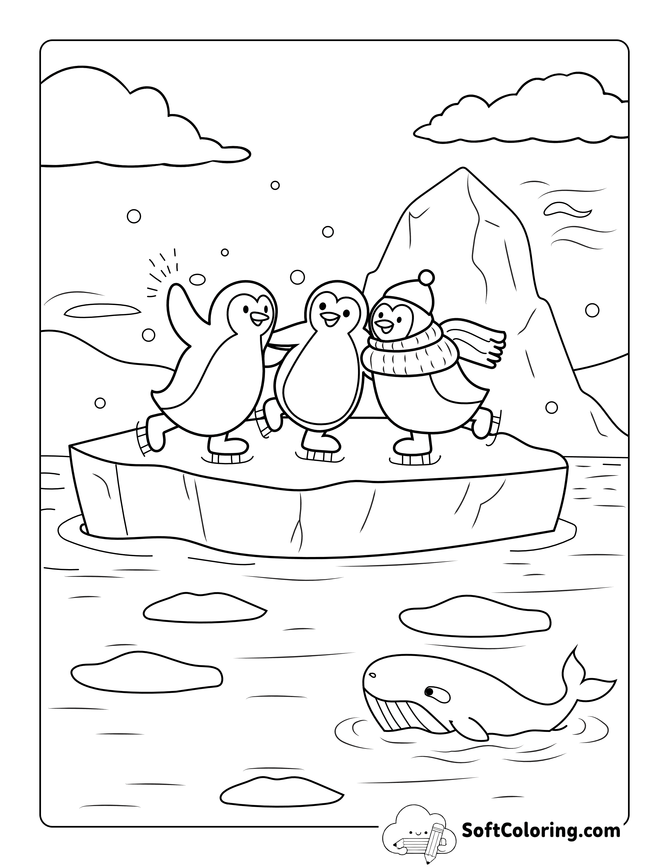 NEW! Cute Penguin Friends on Iceberg Printable Coloring Sheet