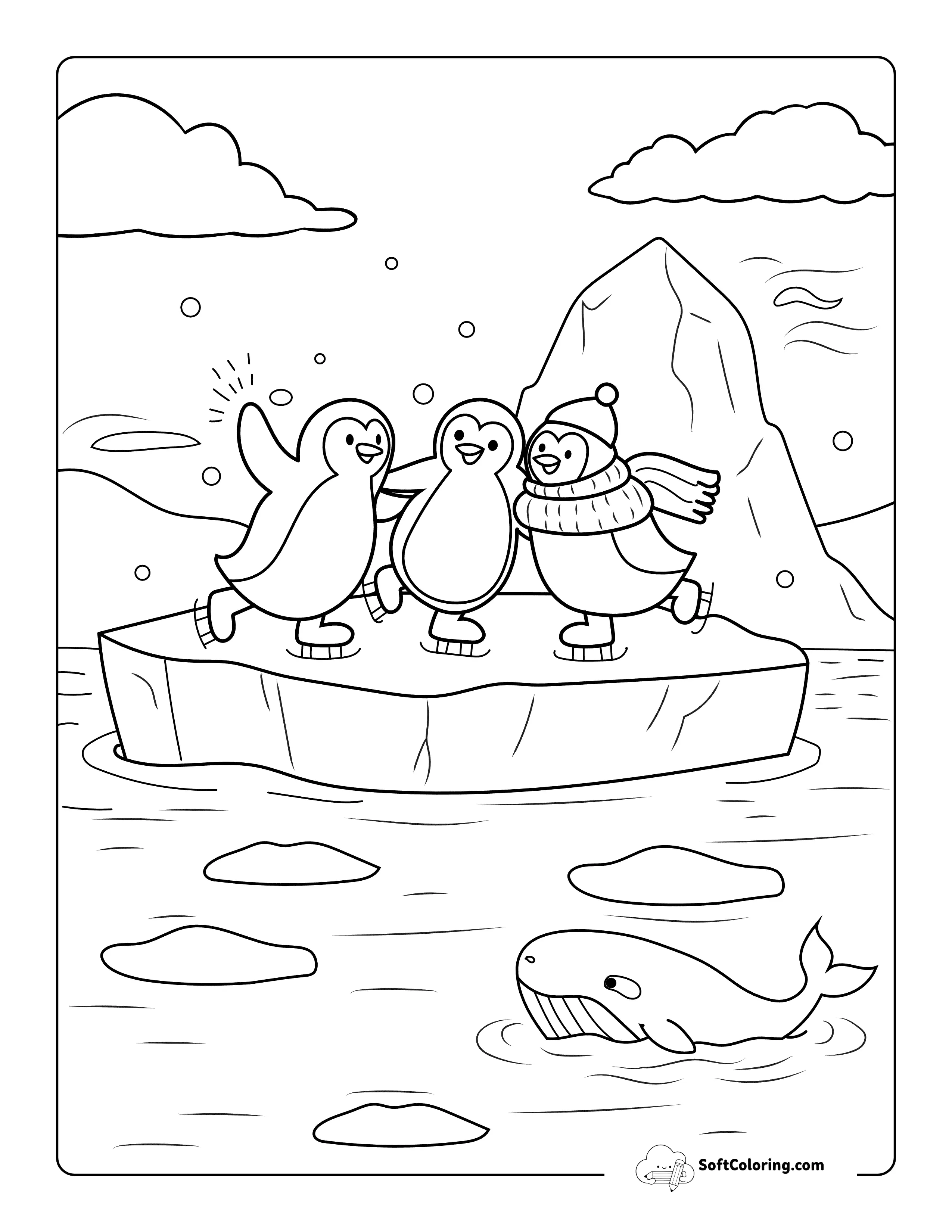 New! Cute Penguin Friends On Iceberg Printable Coloring Sheet
