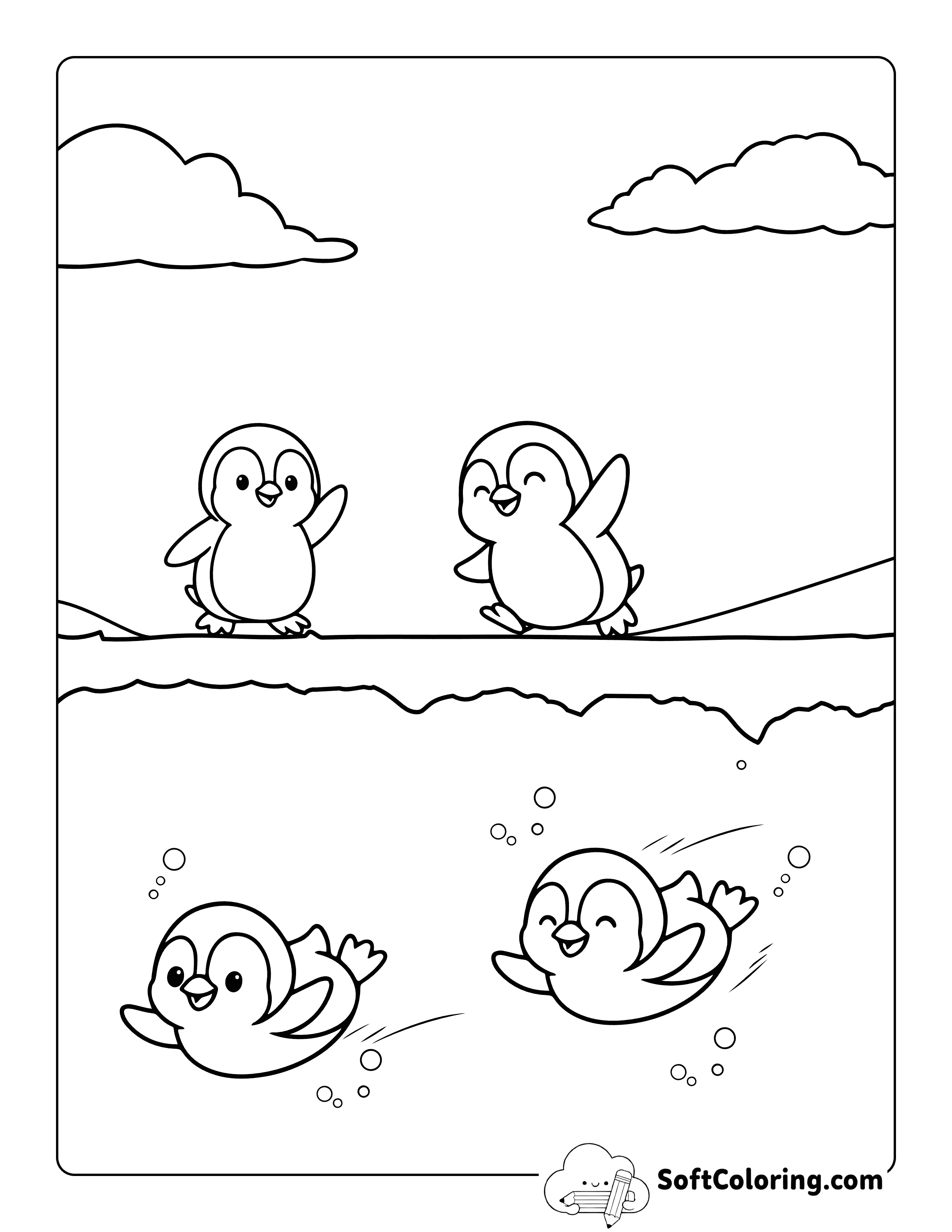 NEW! Cute Diving Penguins Coloring Page Printable