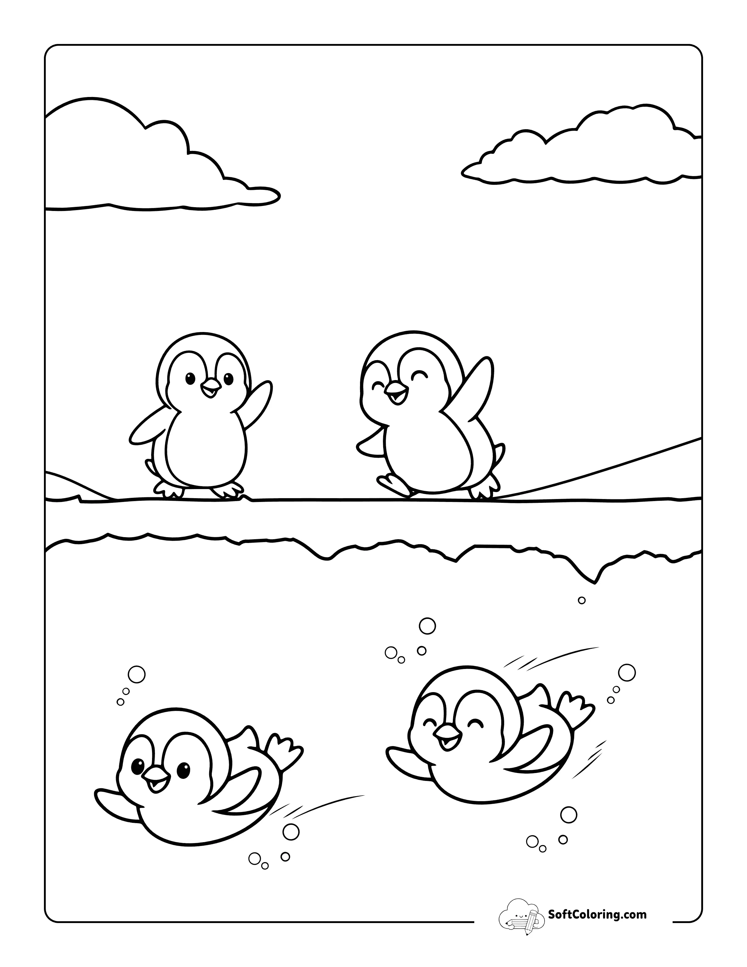 New! Cute Diving Penguins Coloring Page Printable