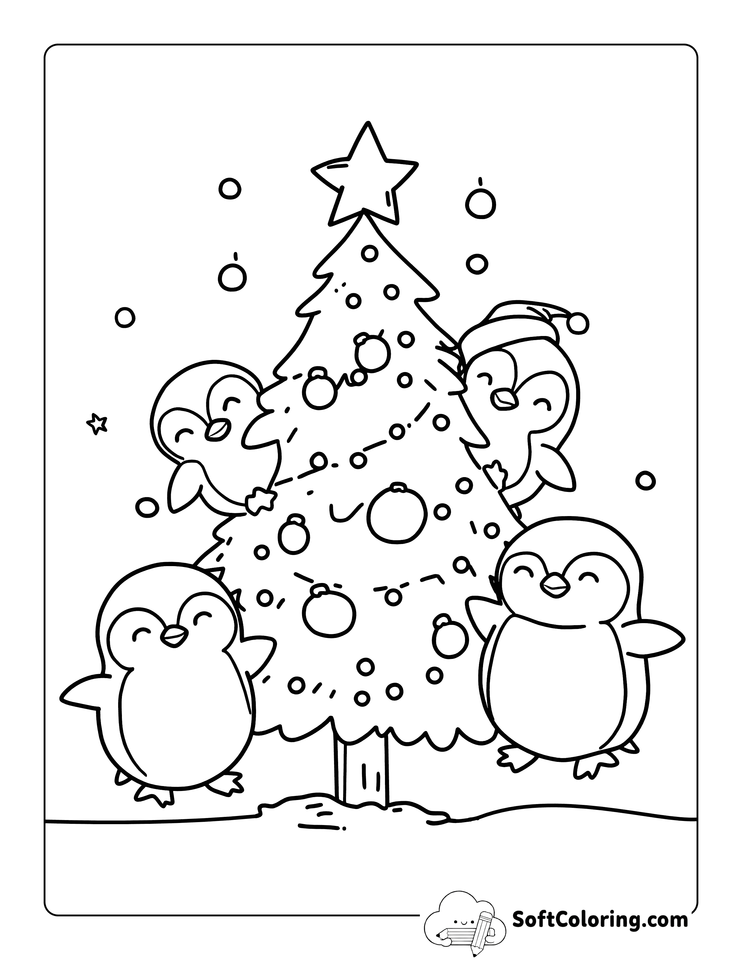 Cute Baby Penguin with Christmas Tree Coloring Sheet for Kids