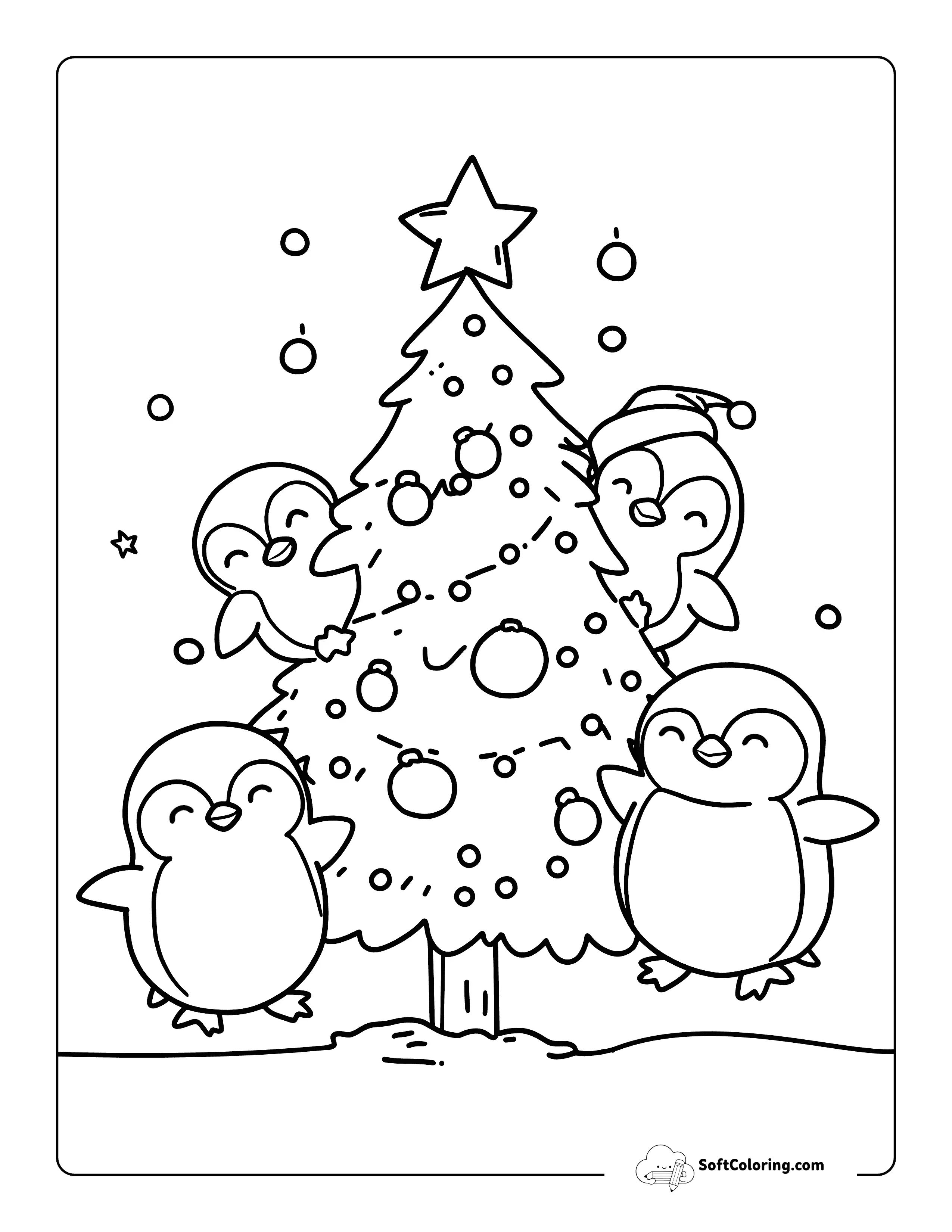 Cute Baby Penguin With Christmas Tree Coloring Sheet For Kids
