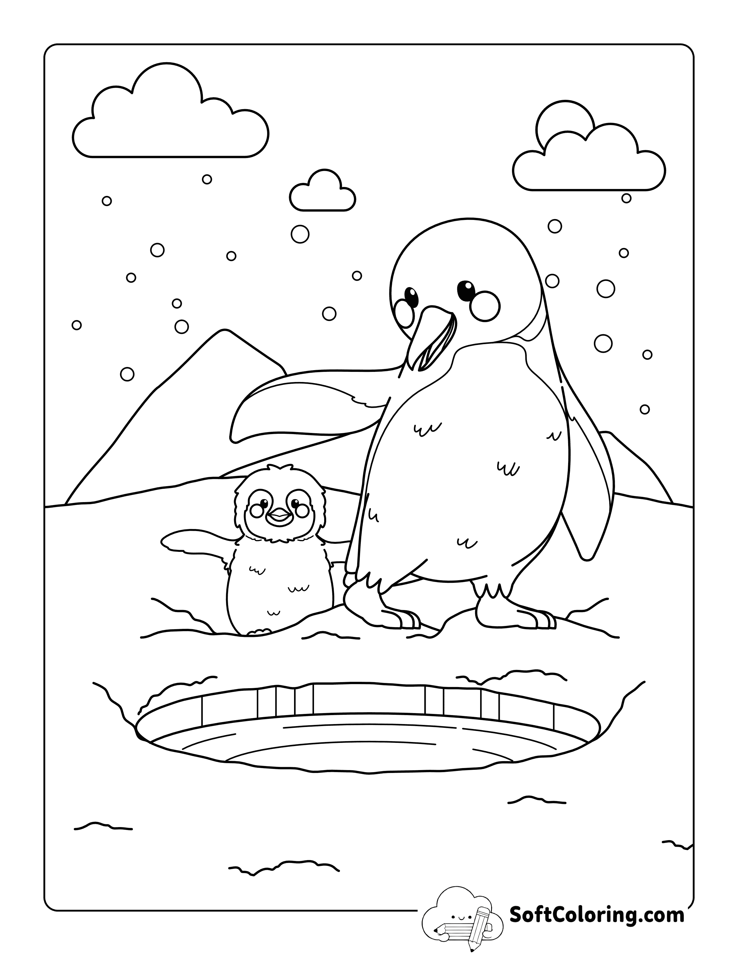 NEW! Easy Penguin with Baby Coloring Page for Kids