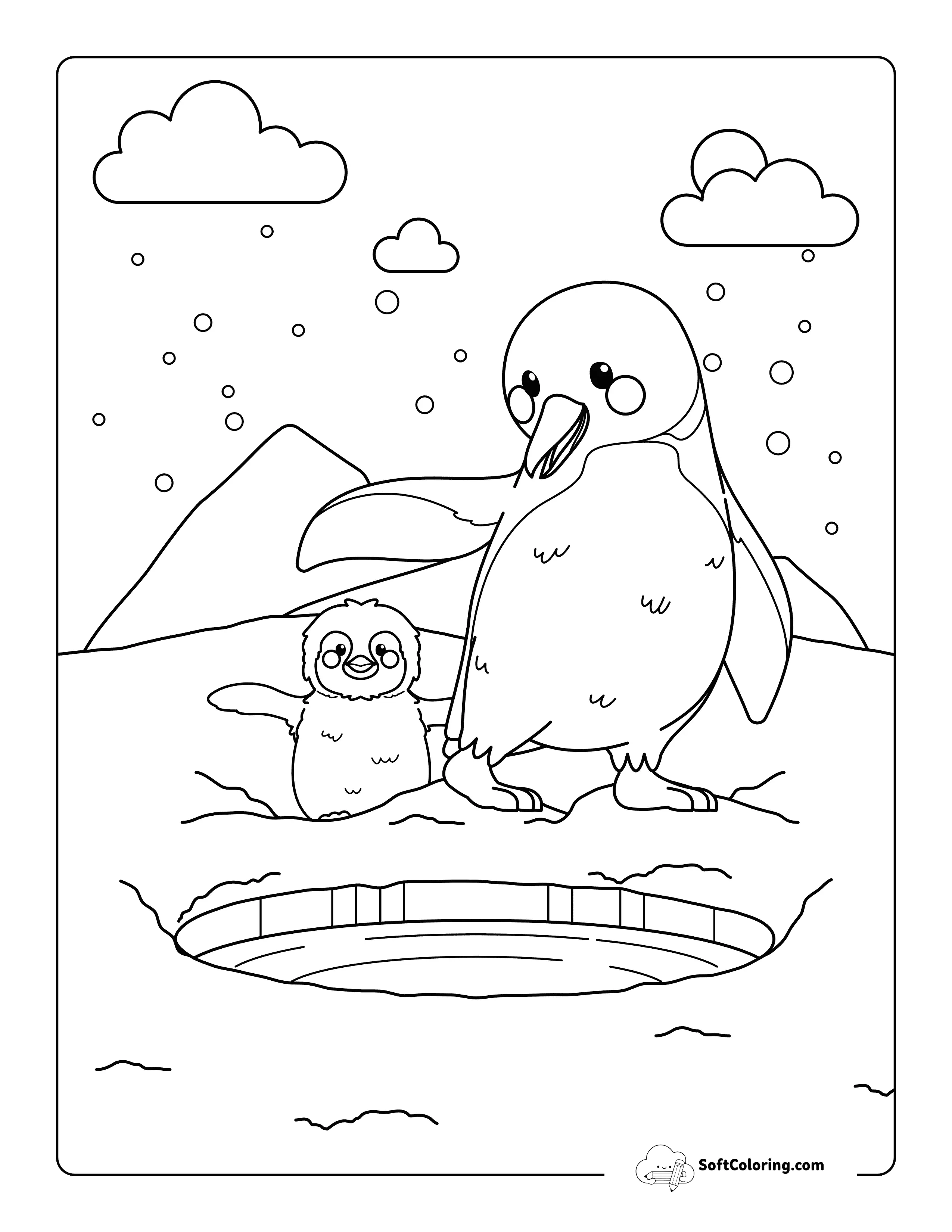 New! Easy Penguin With Baby Coloring Page For Kids