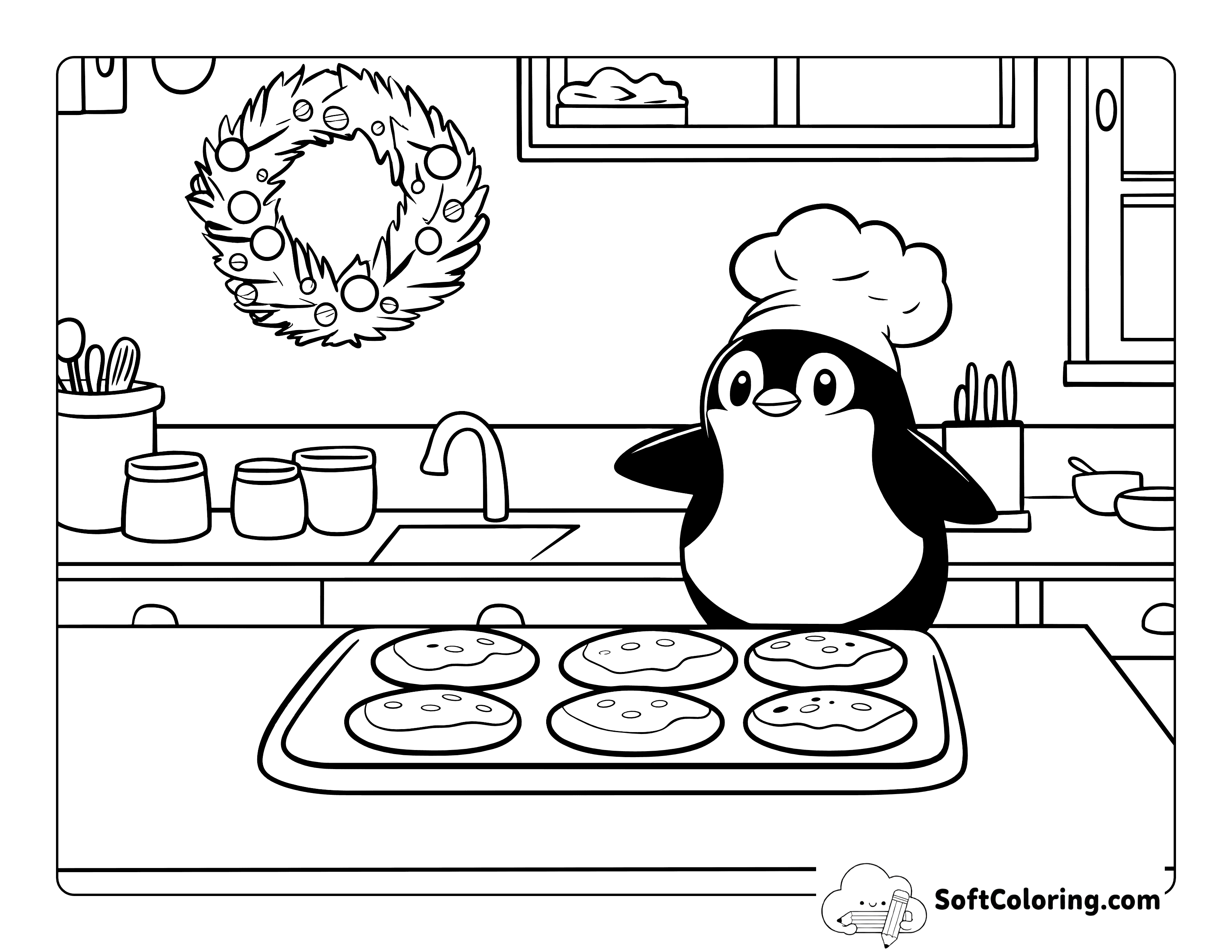 Cute Christmas Cookies Baking Penguin Coloring Page