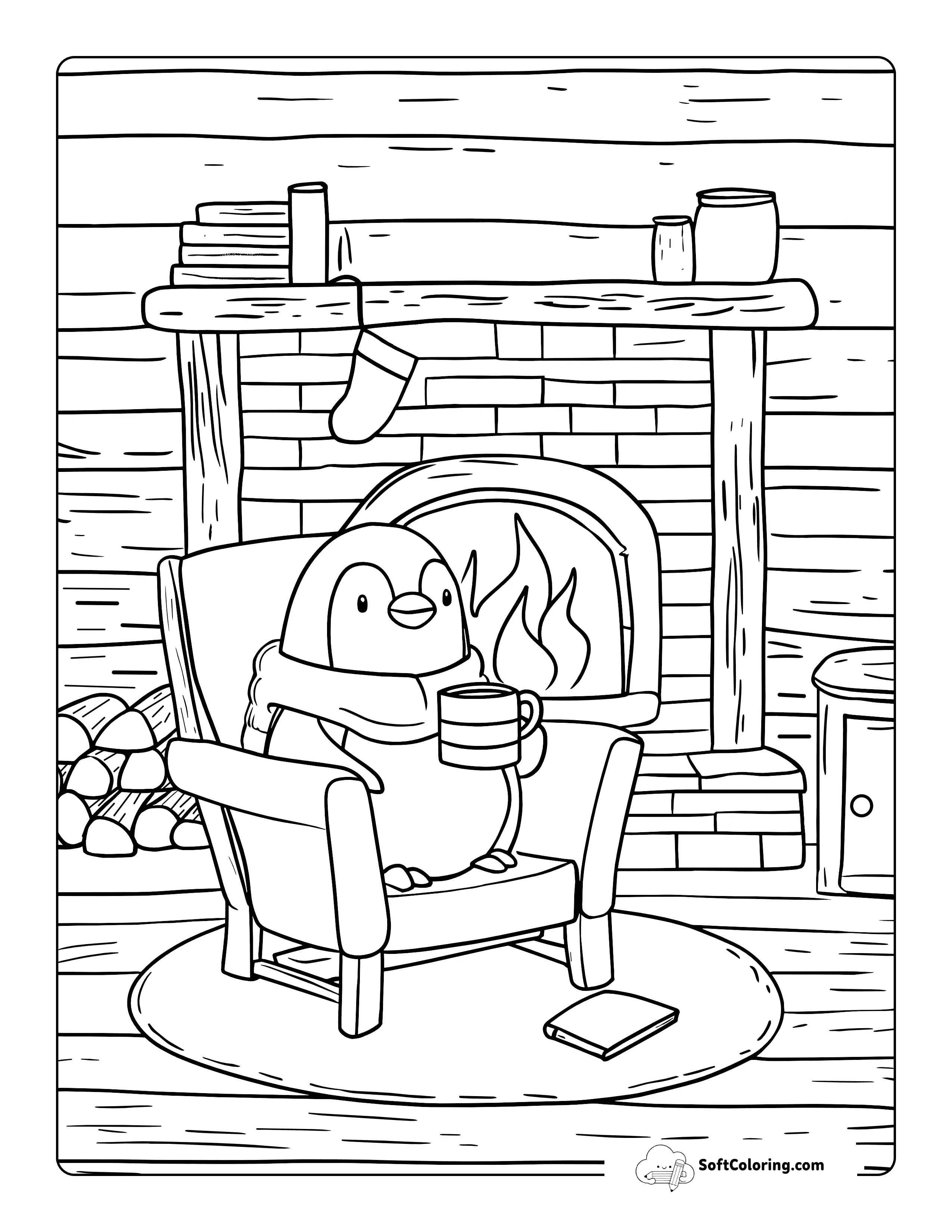 Cozy Fireplace Penguin Coloring Page