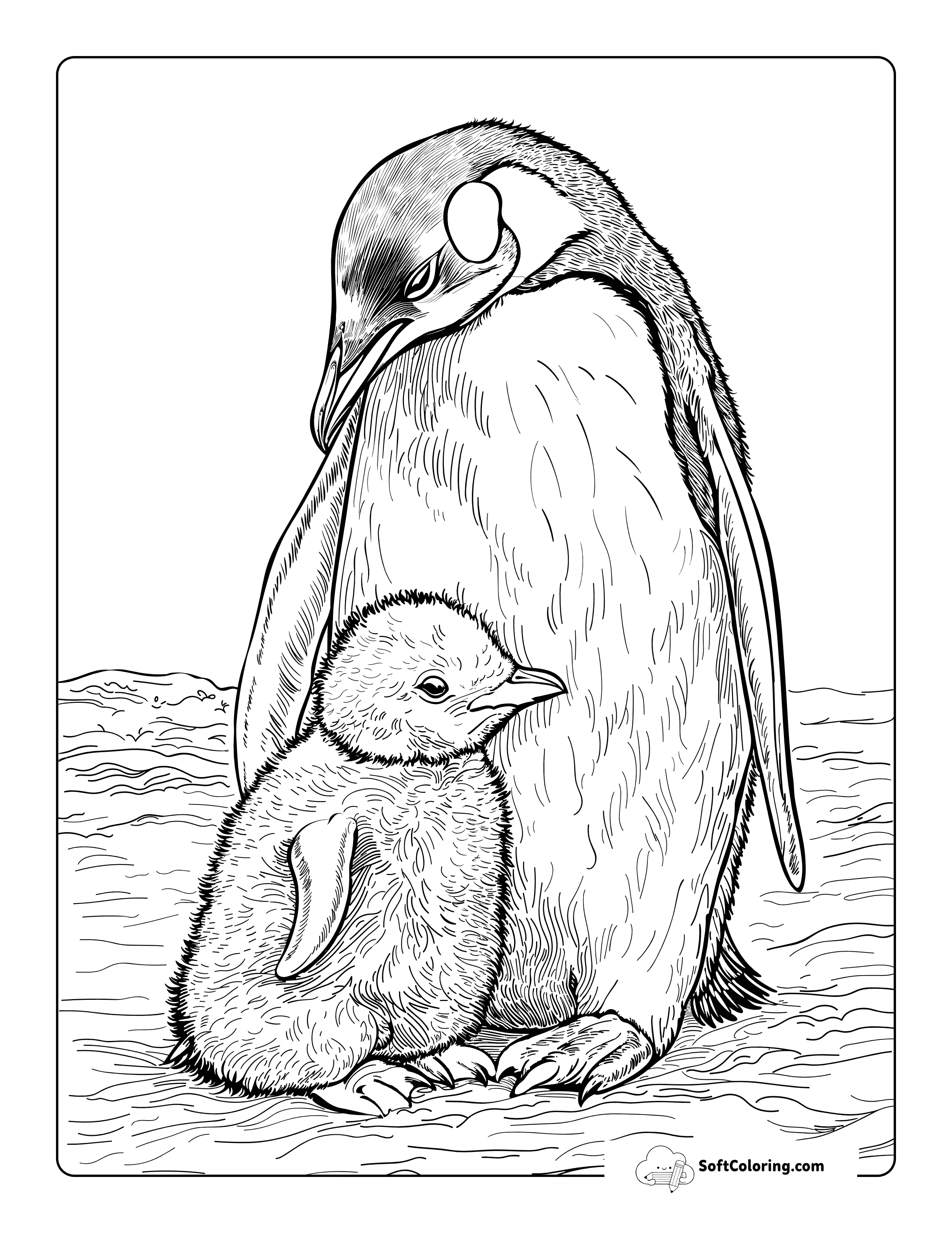 Realistic Baby Penguin And Parent Coloring Sheet