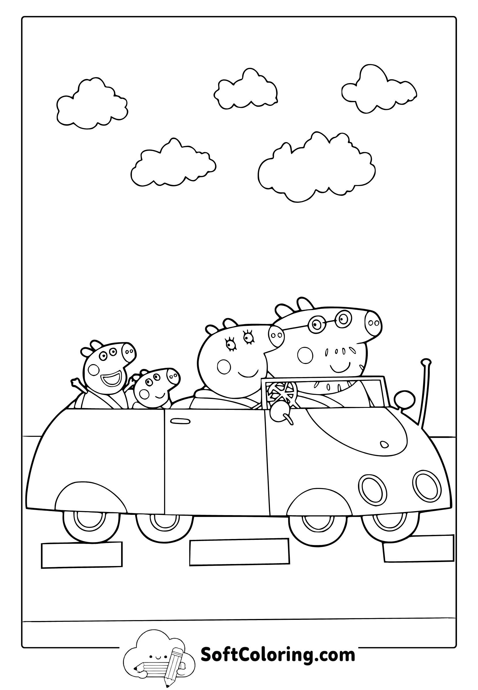 peppa pig family driving in car coloring page