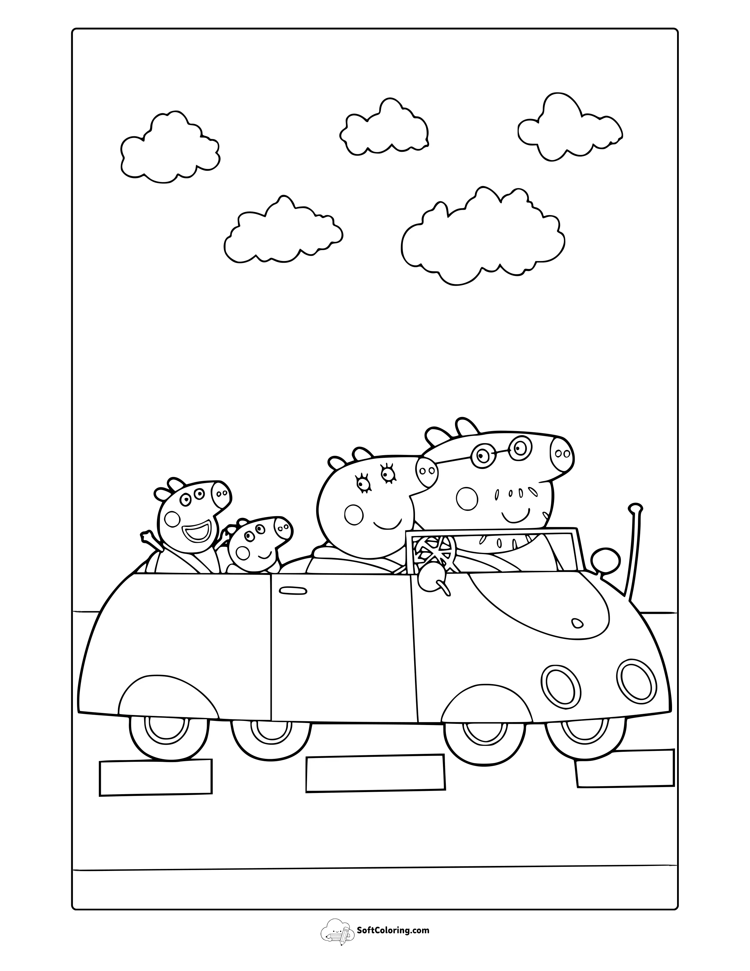 Peppa Pig Family Driving In Car Coloring Page