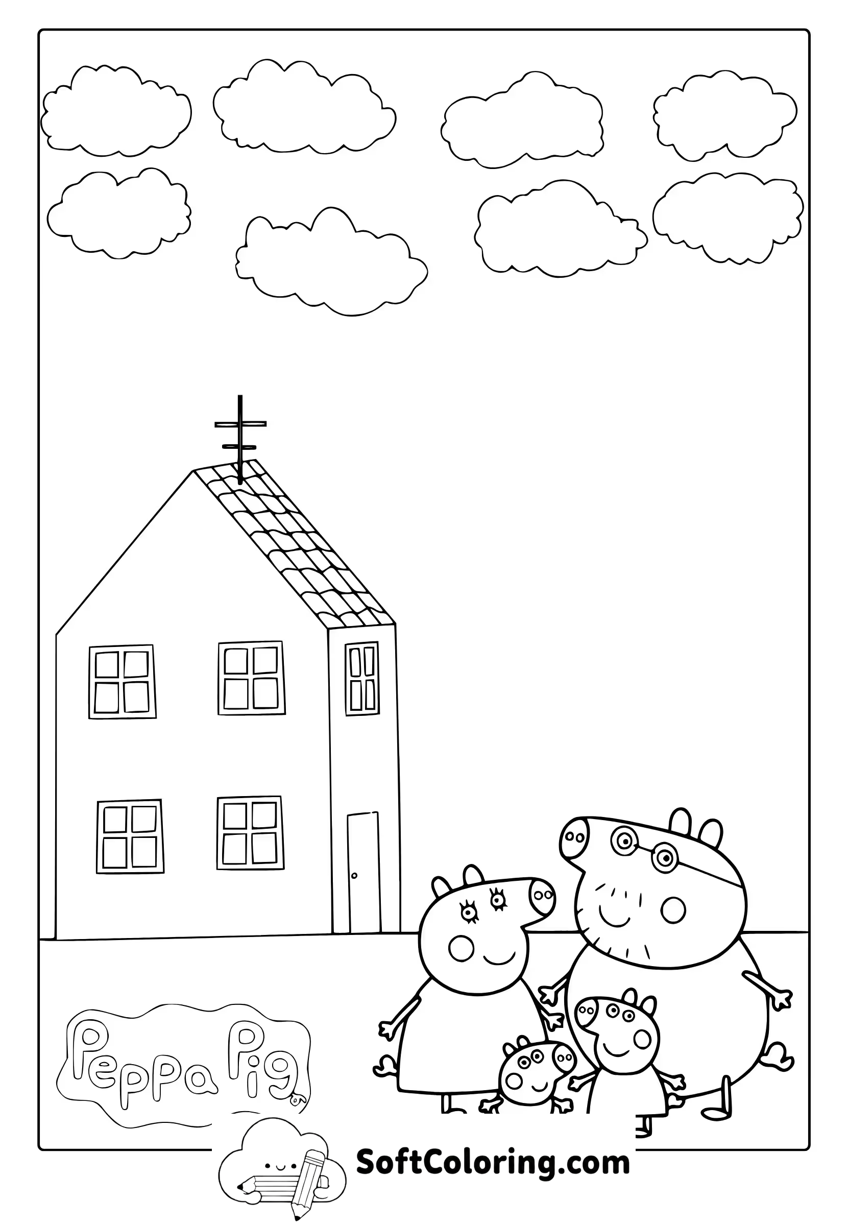 peppa pig family next to their house coloring page