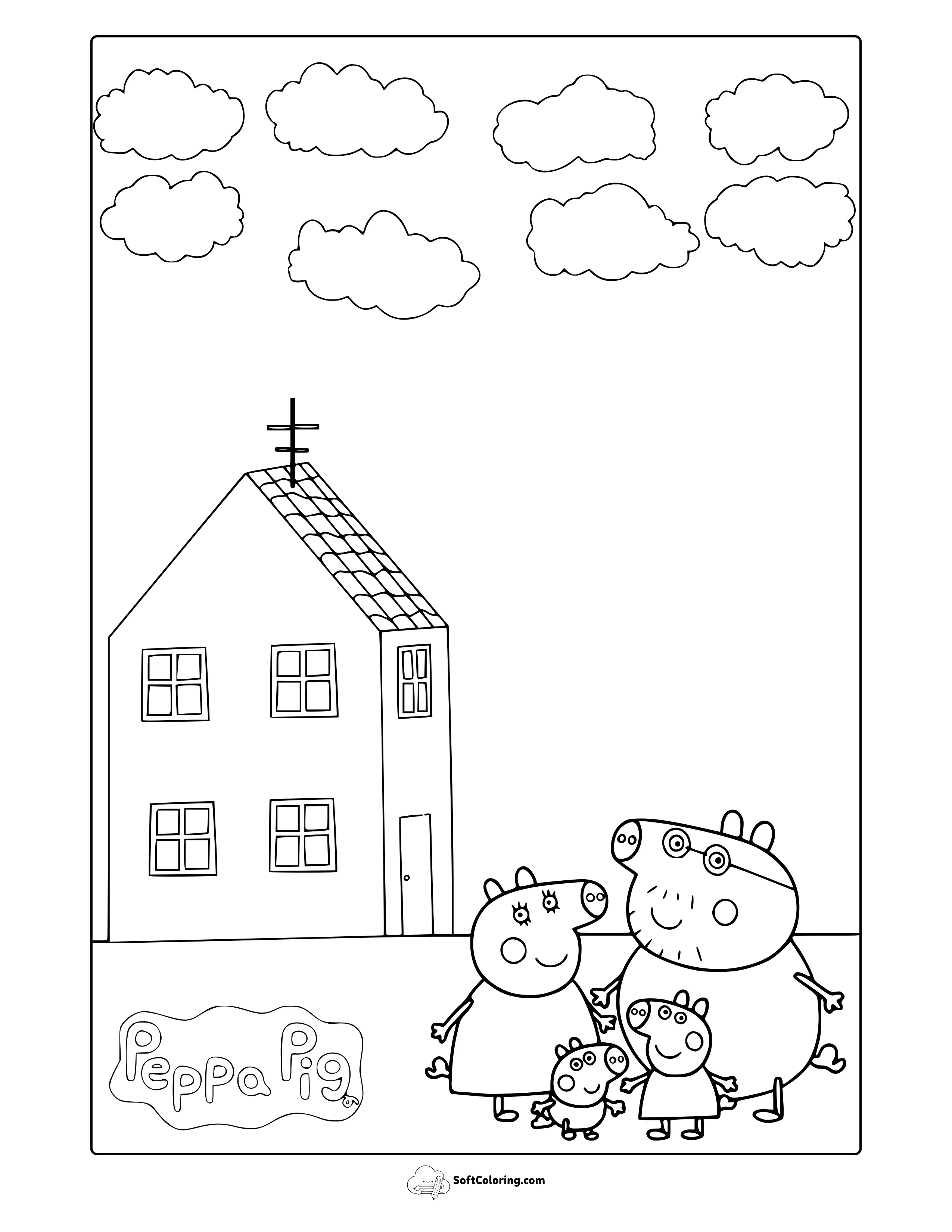 Peppa Pig Family Next To Their House Coloring Page