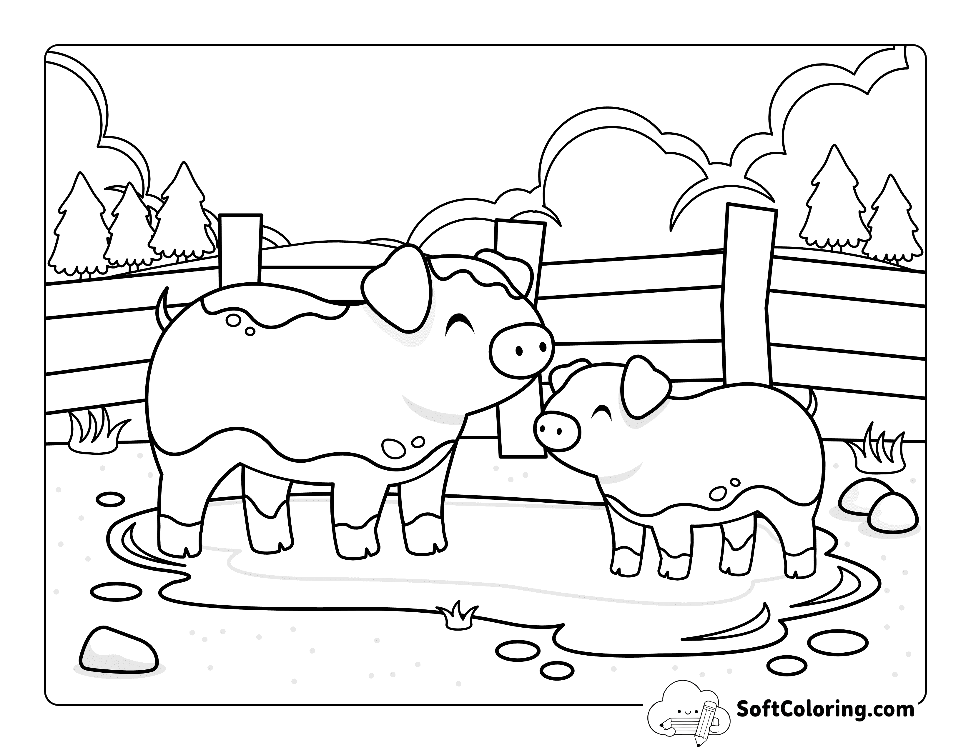 Cute Adult & Baby Pig in Mud Printable to Color