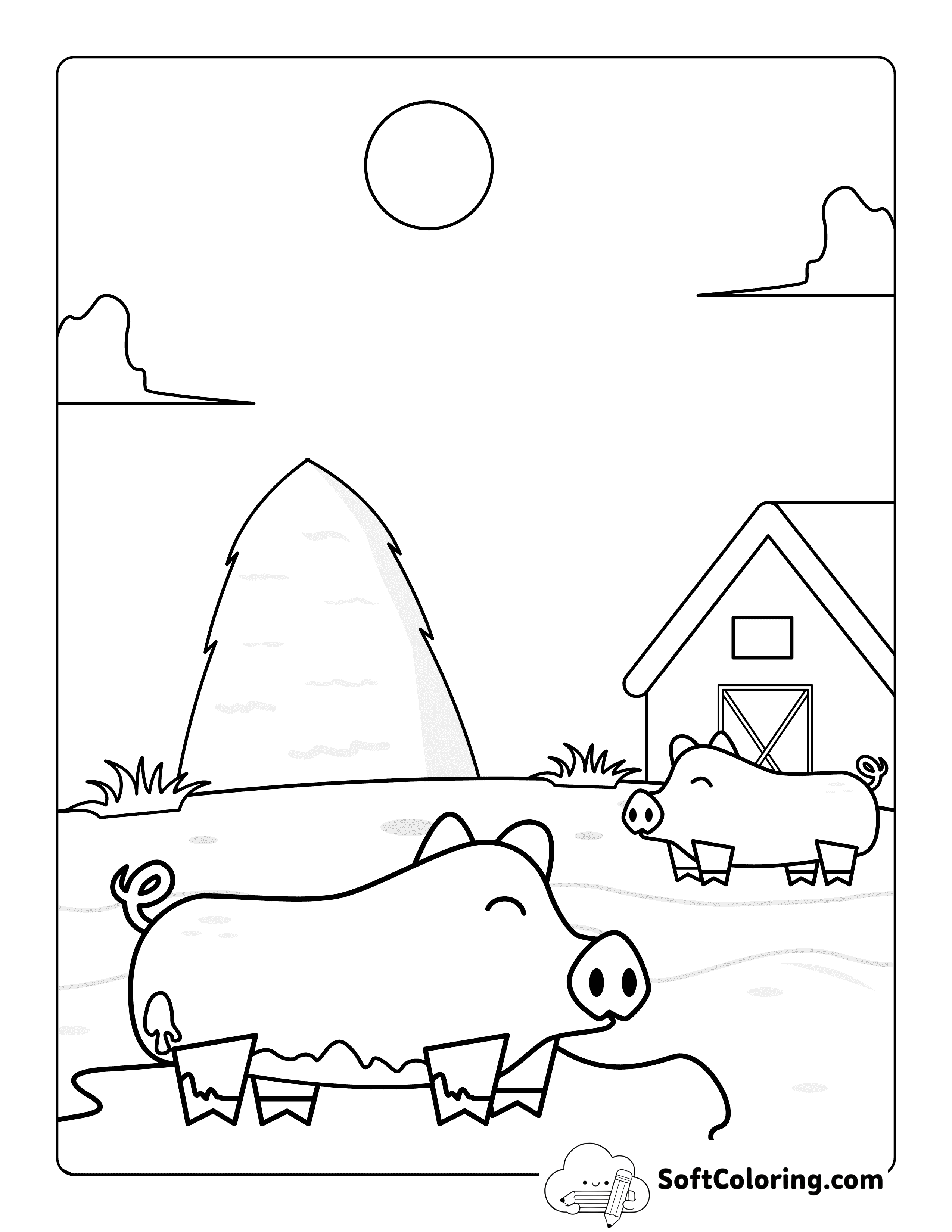Easy Cute Muddy Pigs on a Farm Coloring Sheet