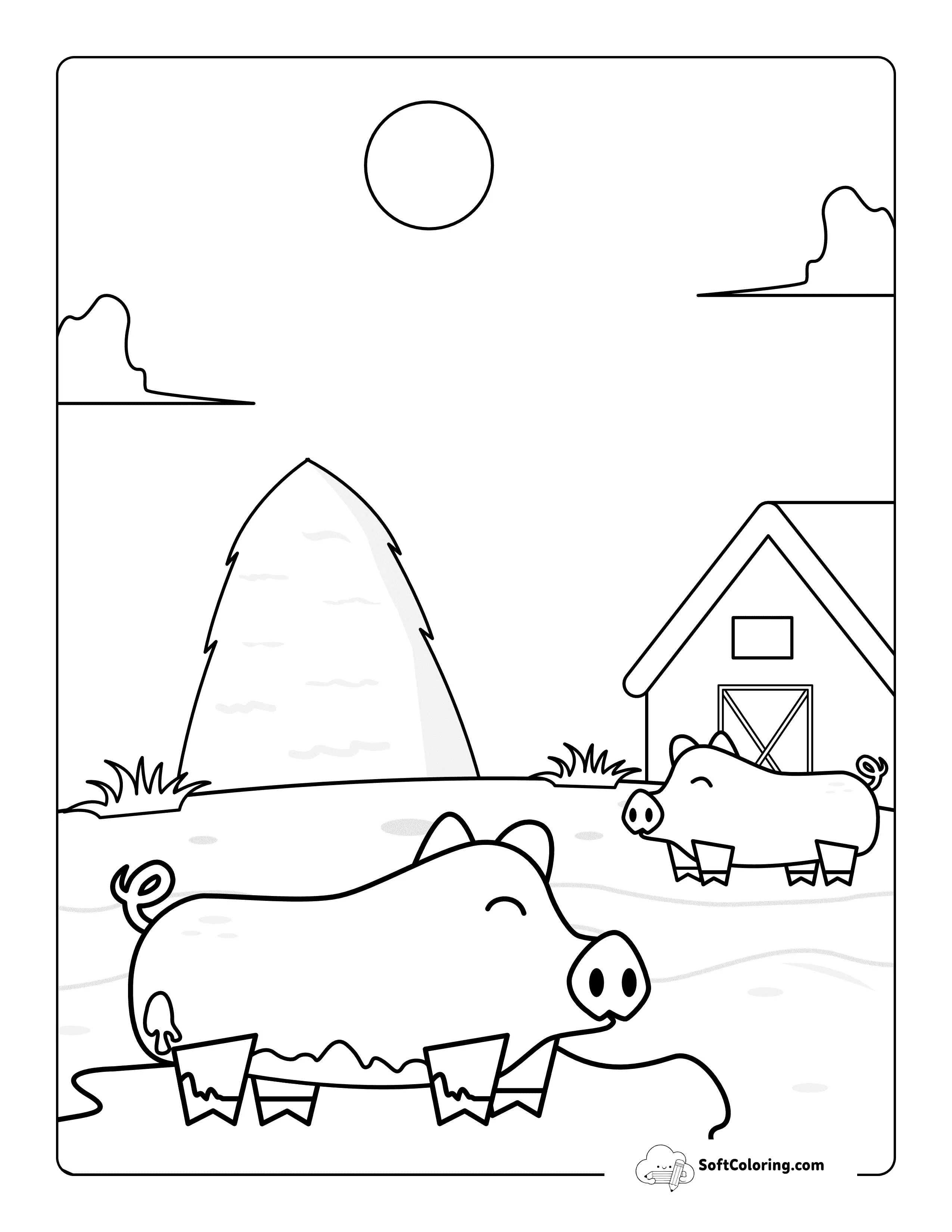 Easy Cute Muddy Pigs On A Farm Coloring Sheet