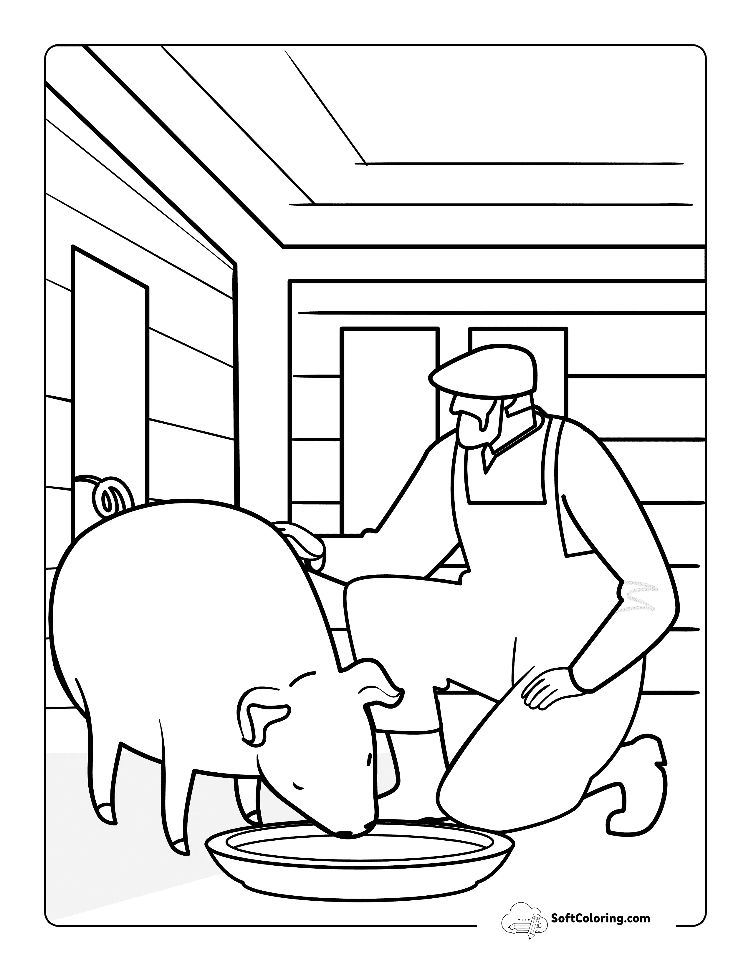 Friendly Farmer Feeding Cute Pig Picture To Color