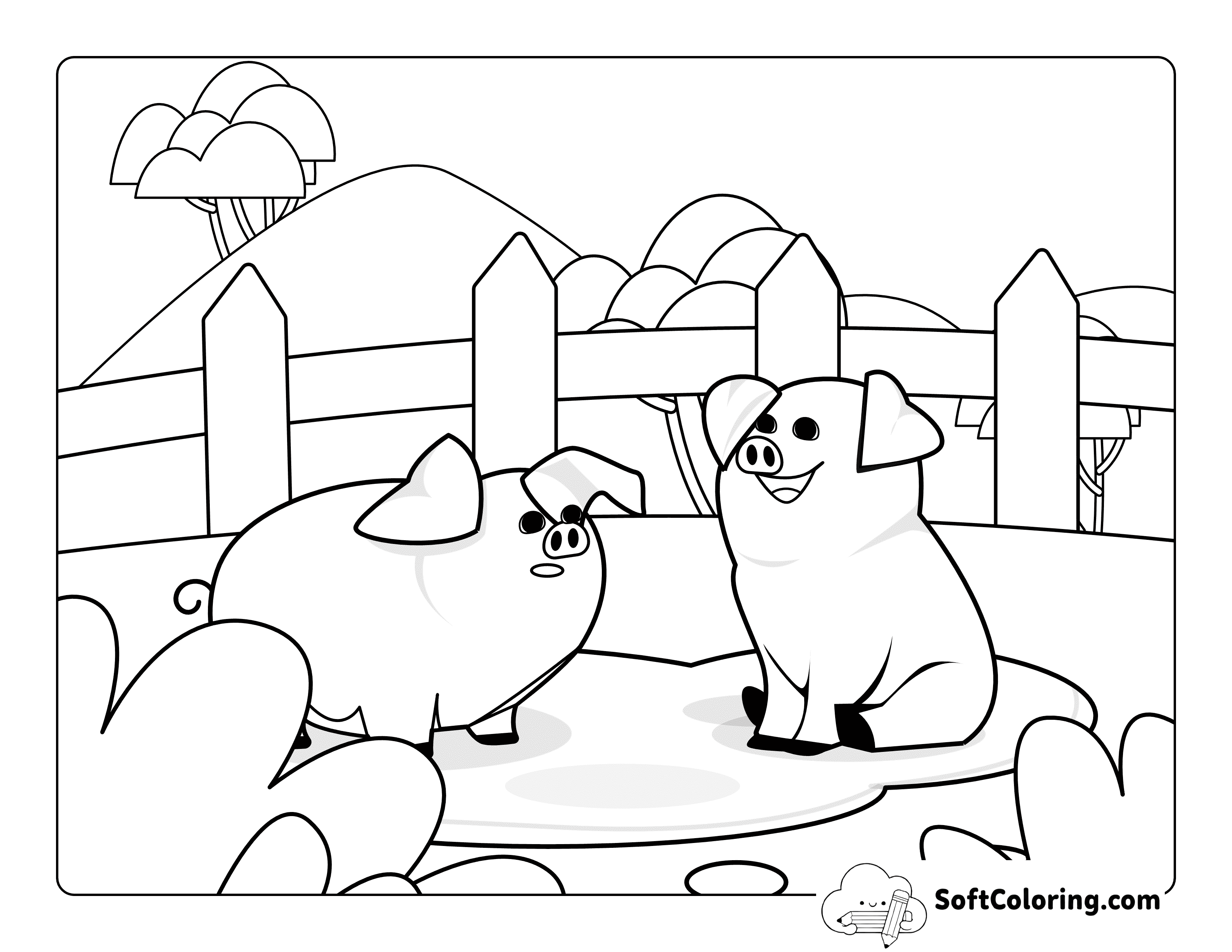 Easy Cute Pigs in Mud Coloring Sheet